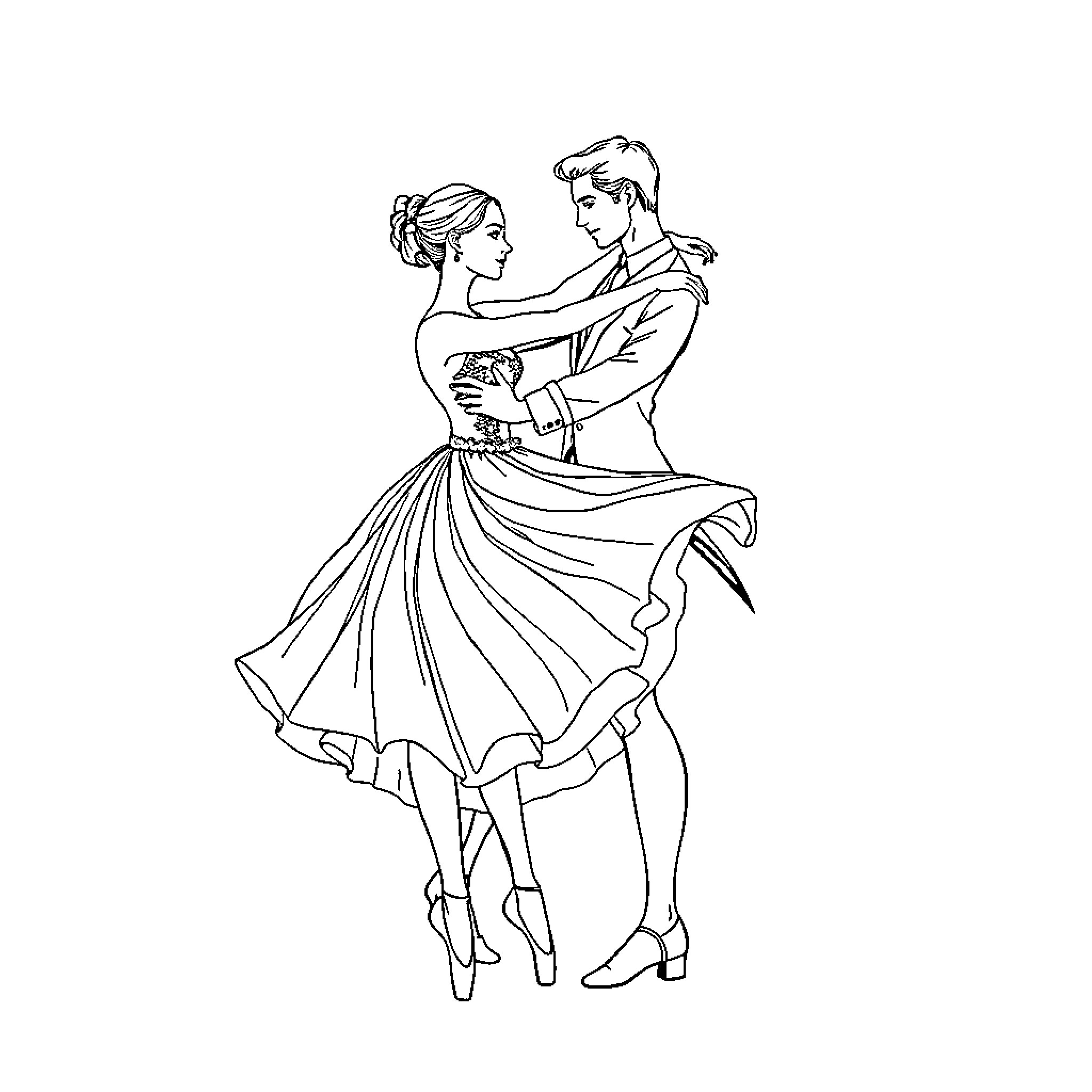 Ballet Dancers in Graceful Performance Coloring Page (free black-and-white line drawing printable PDF for all, from beginners to advanced learners, including children, teens, adults, and seniors)