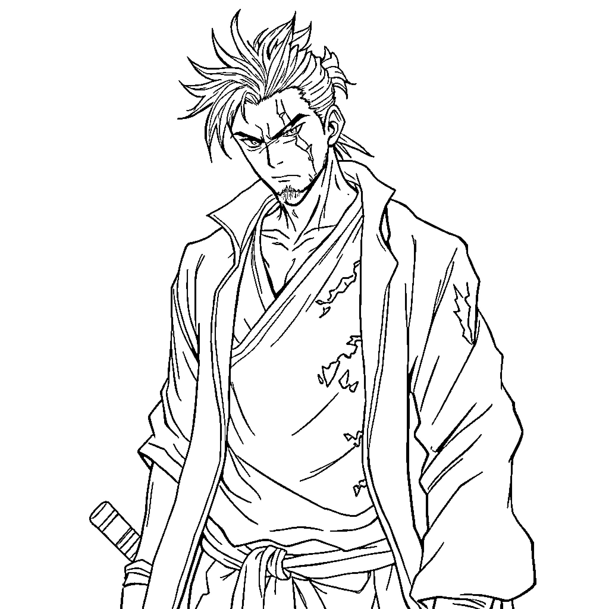 Tanjiro's Fierce Expression in Monochrome Illustration Coloring Page (free black-and-white line drawing printable PDF for all, from beginners to advanced learners, including children, teens, adults, and seniors)