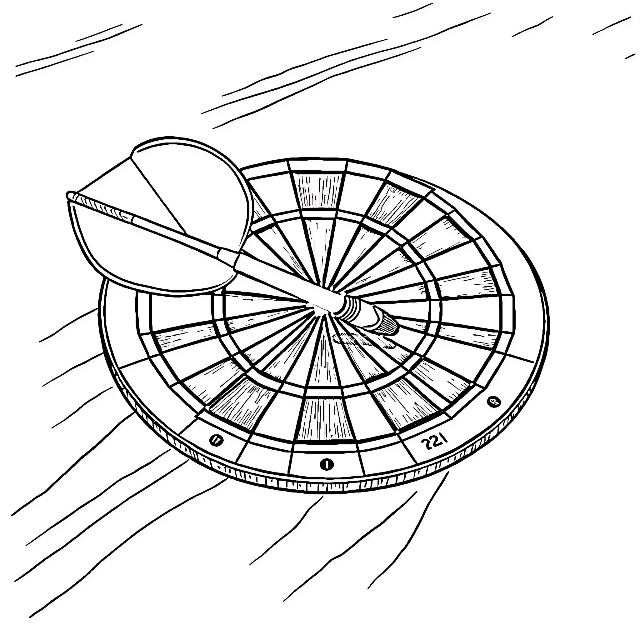 Dart hitting bullseye on spinning dartboard Coloring Page (free black-and-white line drawing printable PDF for all, from beginners to advanced learners, including children, teens, adults, and seniors)