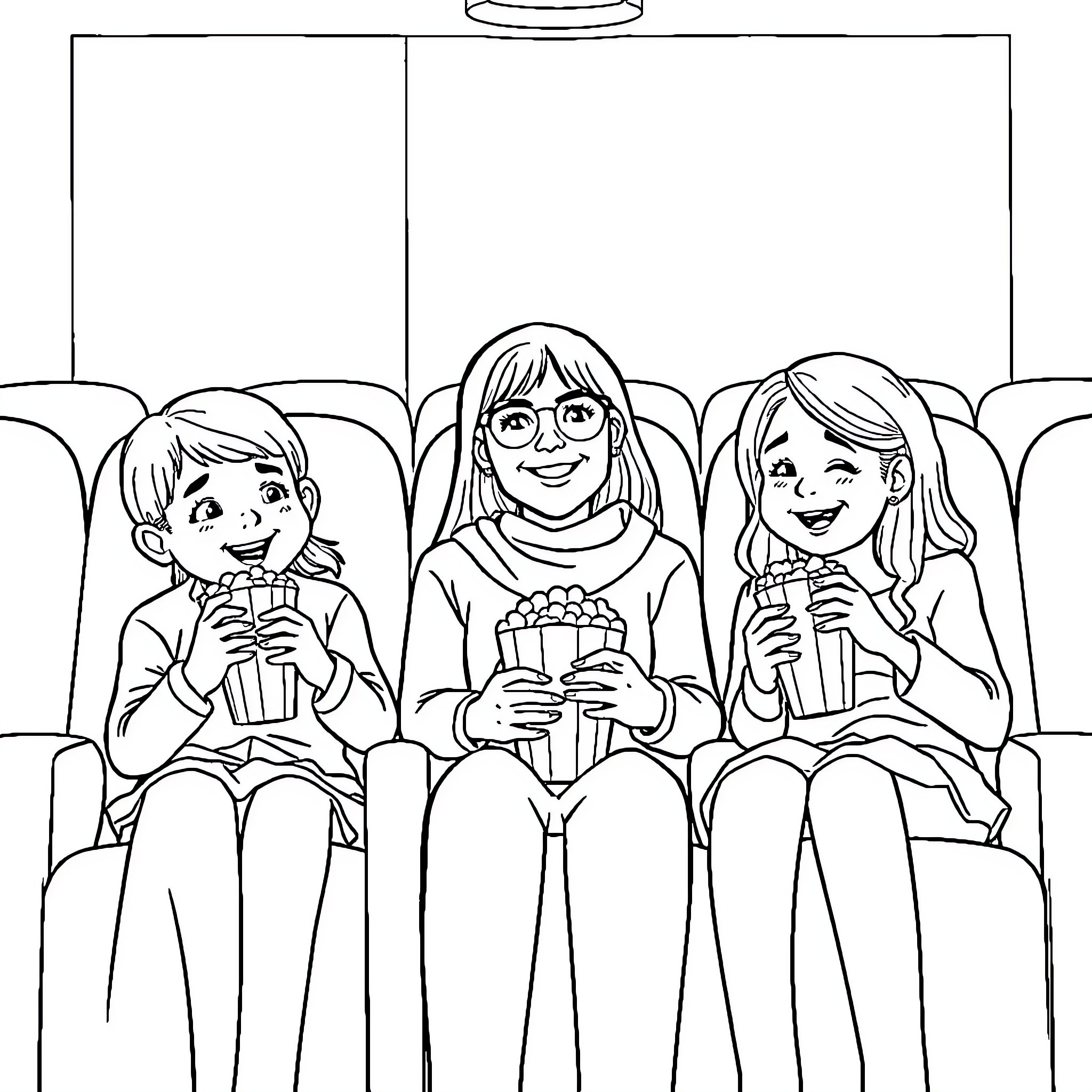 Girls Enjoying Movie Snacks in Cinema Coloring Page (free black-and-white line drawing printable PDF for all, from beginners to advanced learners, including children, teens, adults, and seniors)