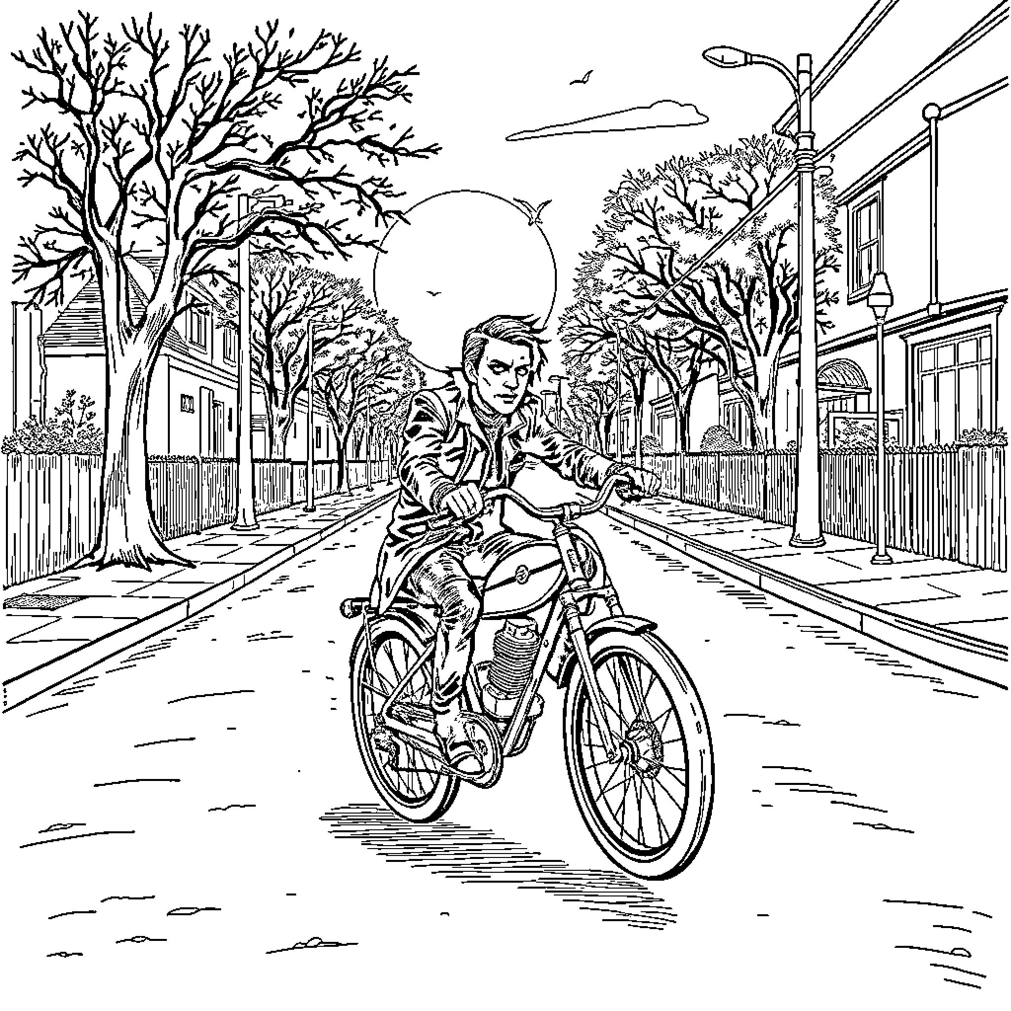 Marilyn Manson riding a bicycle down a city street Coloring Page (free black-and-white line drawing printable PDF for all, from beginners to advanced learners, including children, teens, adults, and seniors)