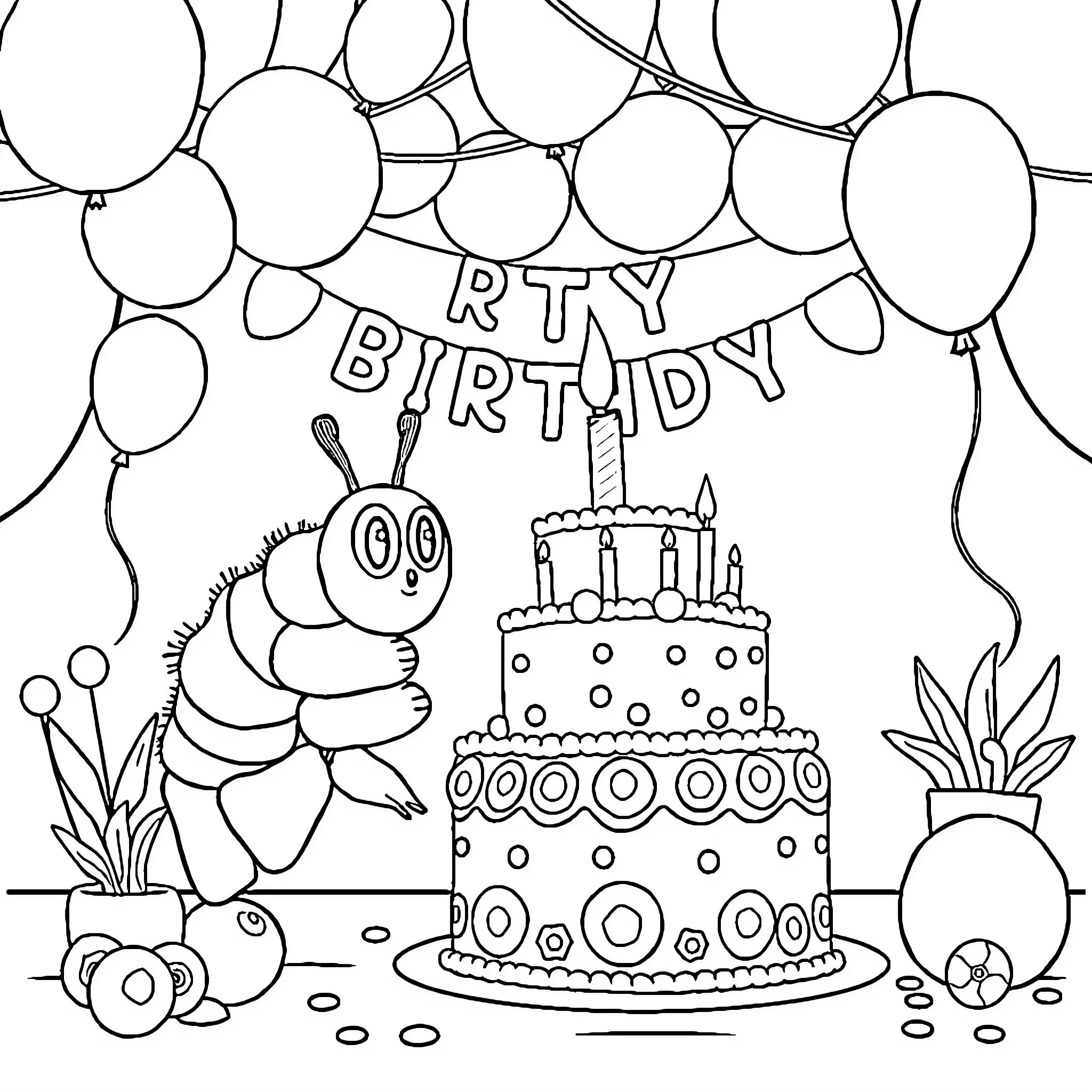 Caterpillar celebrating birthday with cake and balloons Coloring Page (free black-and-white line drawing printable PDF for all, from beginners to advanced learners, including children, teens, adults, and seniors)