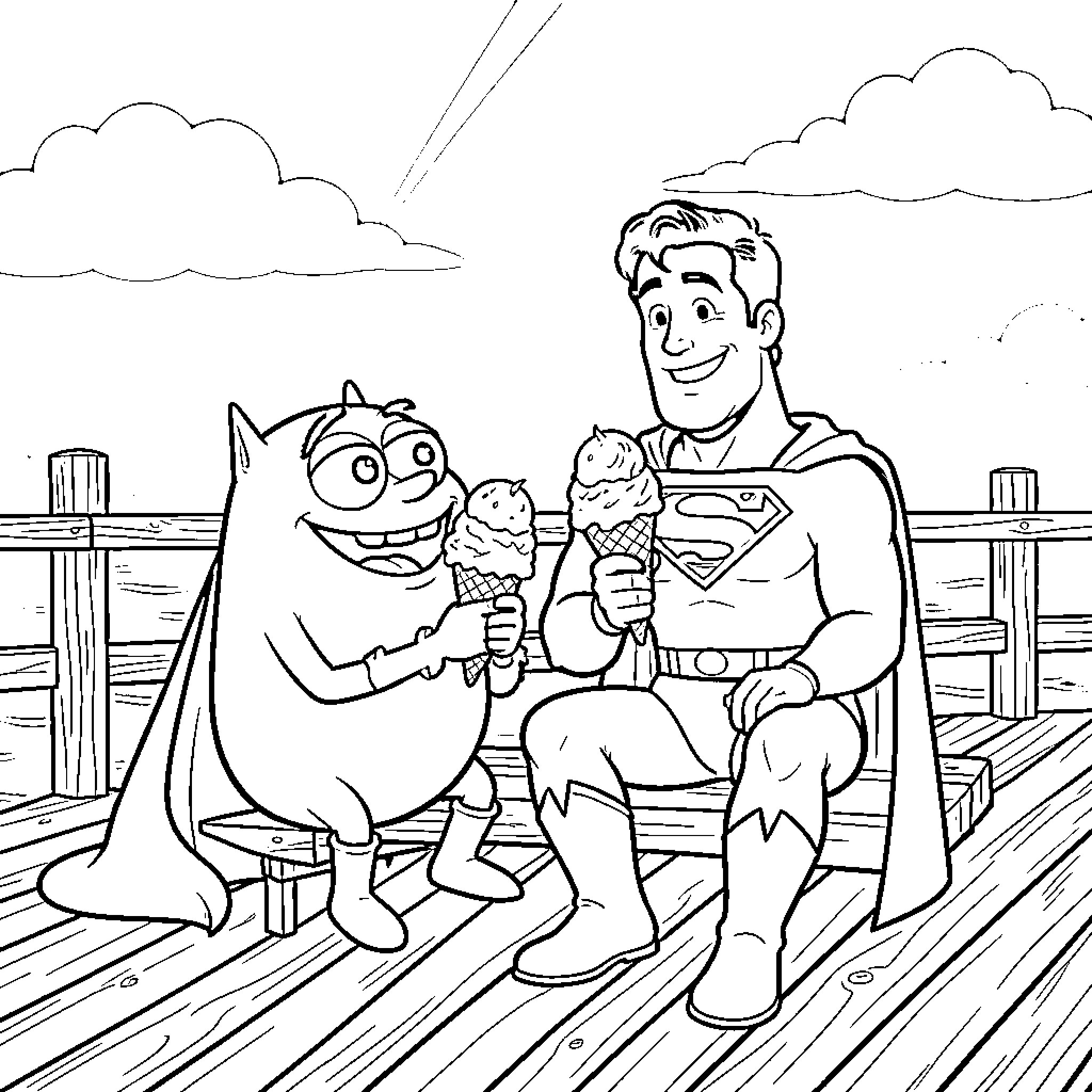 Mike Wazowski and Superman enjoy ice cream on the beach Coloring Page (free black-and-white line drawing printable PDF for all, from beginners to advanced learners, including children, teens, adults, and seniors)