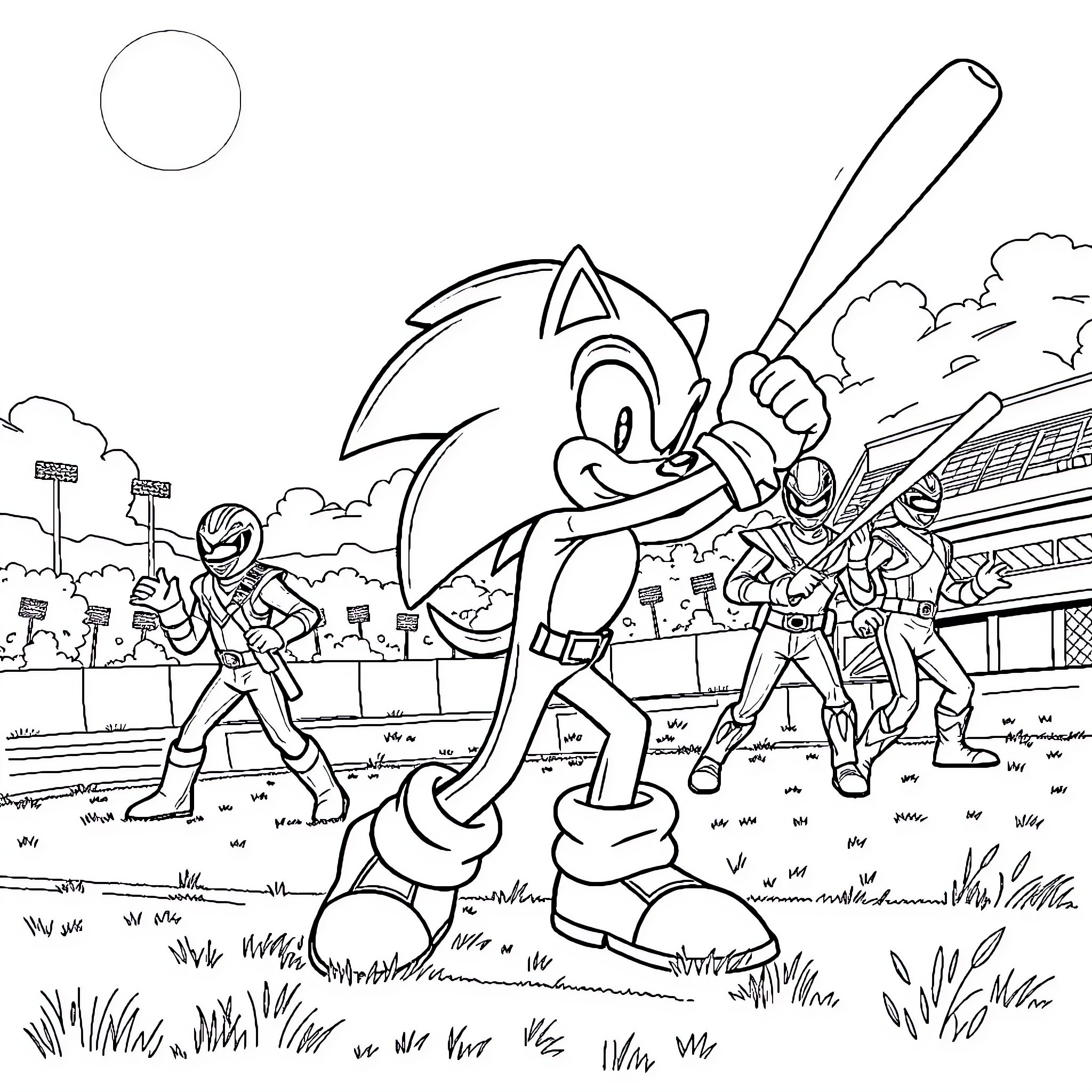 Sonic's Energetic Sports Match with Allies Coloring Page (free black-and-white line drawing printable PDF for all, from beginners to advanced learners, including children, teens, adults, and seniors)