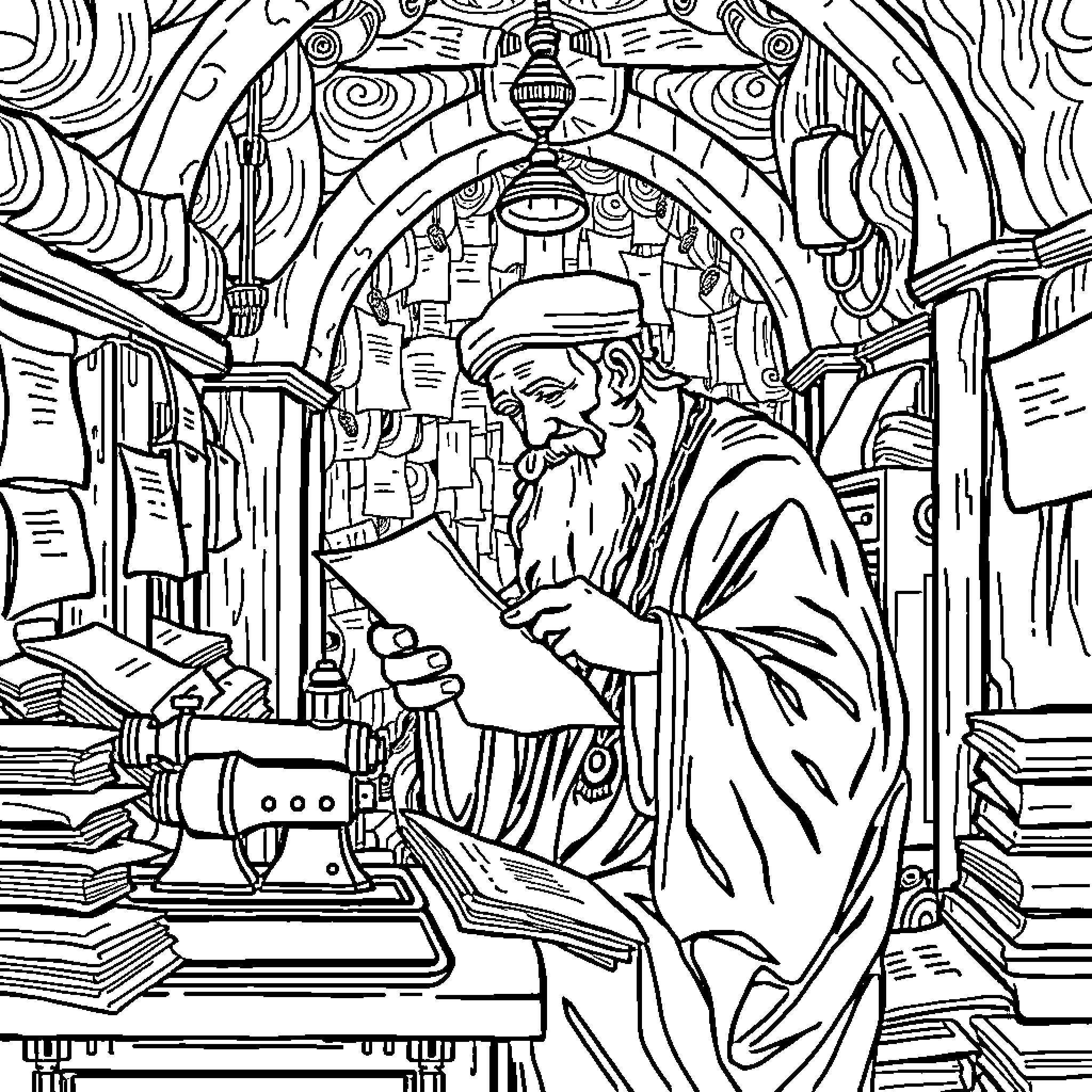 Rumi, the Scholarly Scribe in His Mystical Study Coloring Page (free black-and-white line drawing printable PDF for all, from beginners to advanced learners, including children, teens, adults, and seniors)