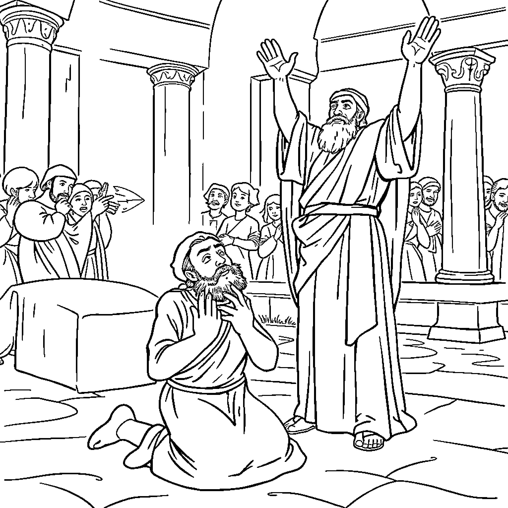 Tax Collector Confronting Apostles in Temple Coloring Page (free black-and-white line drawing printable PDF for all, from beginners to advanced learners, including children, teens, adults, and seniors)