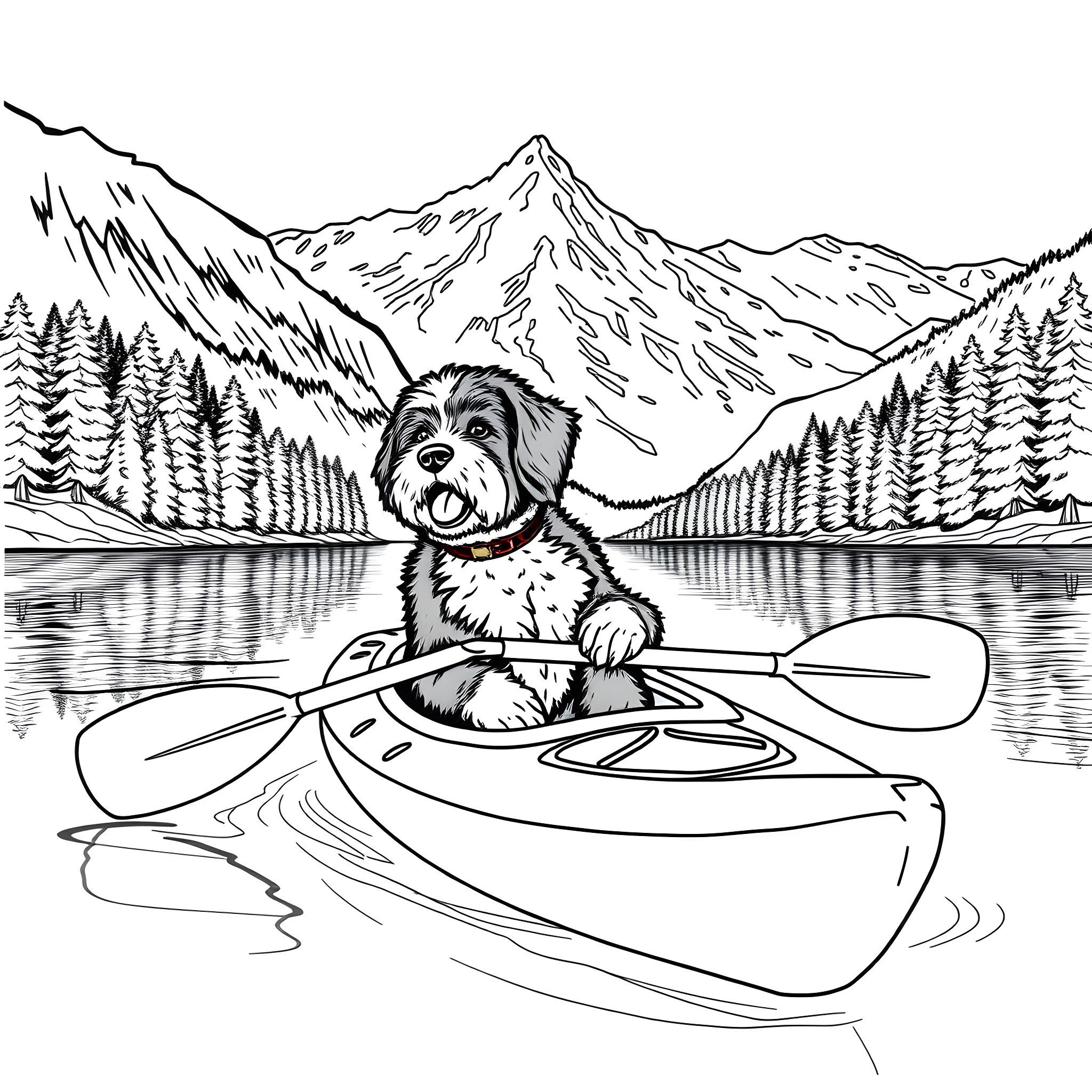 Bernedoodle paddling joyfully on the lake Coloring Page (free black-and-white line drawing printable PDF for all, from beginners to advanced learners, including children, teens, adults, and seniors)