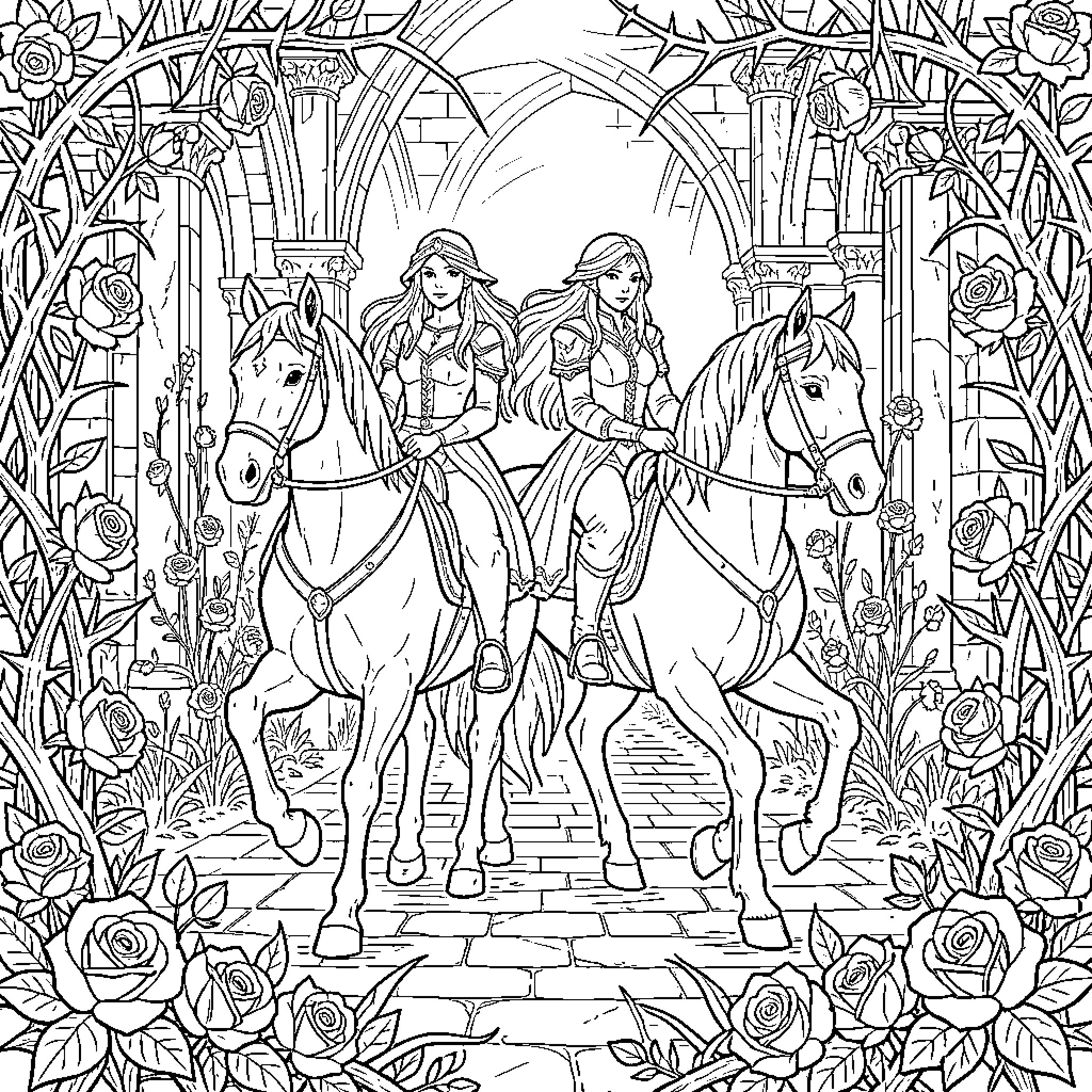 Feyre's Enchanted Equestrian Adventure Coloring Page (free black-and-white line drawing printable PDF for all, from beginners to advanced learners, including children, teens, adults, and seniors)