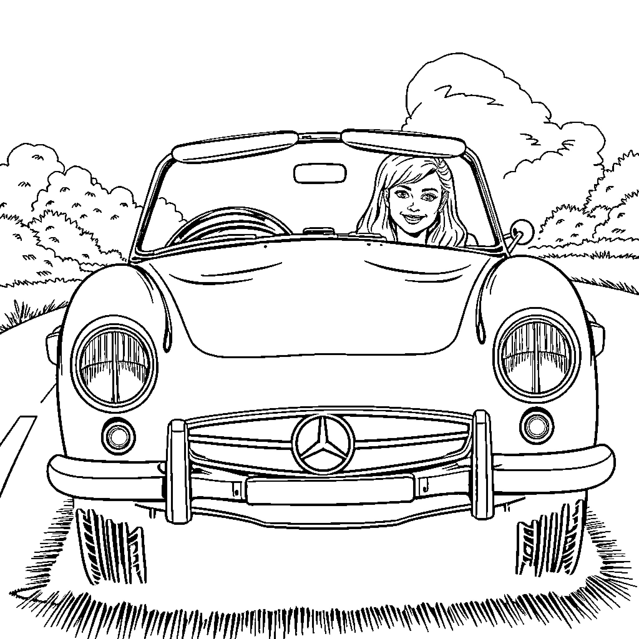 Mercedes classic car adventure with cheerful driver Coloring Page (free black-and-white line drawing printable PDF for all, from beginners to advanced learners, including children, teens, adults, and seniors)