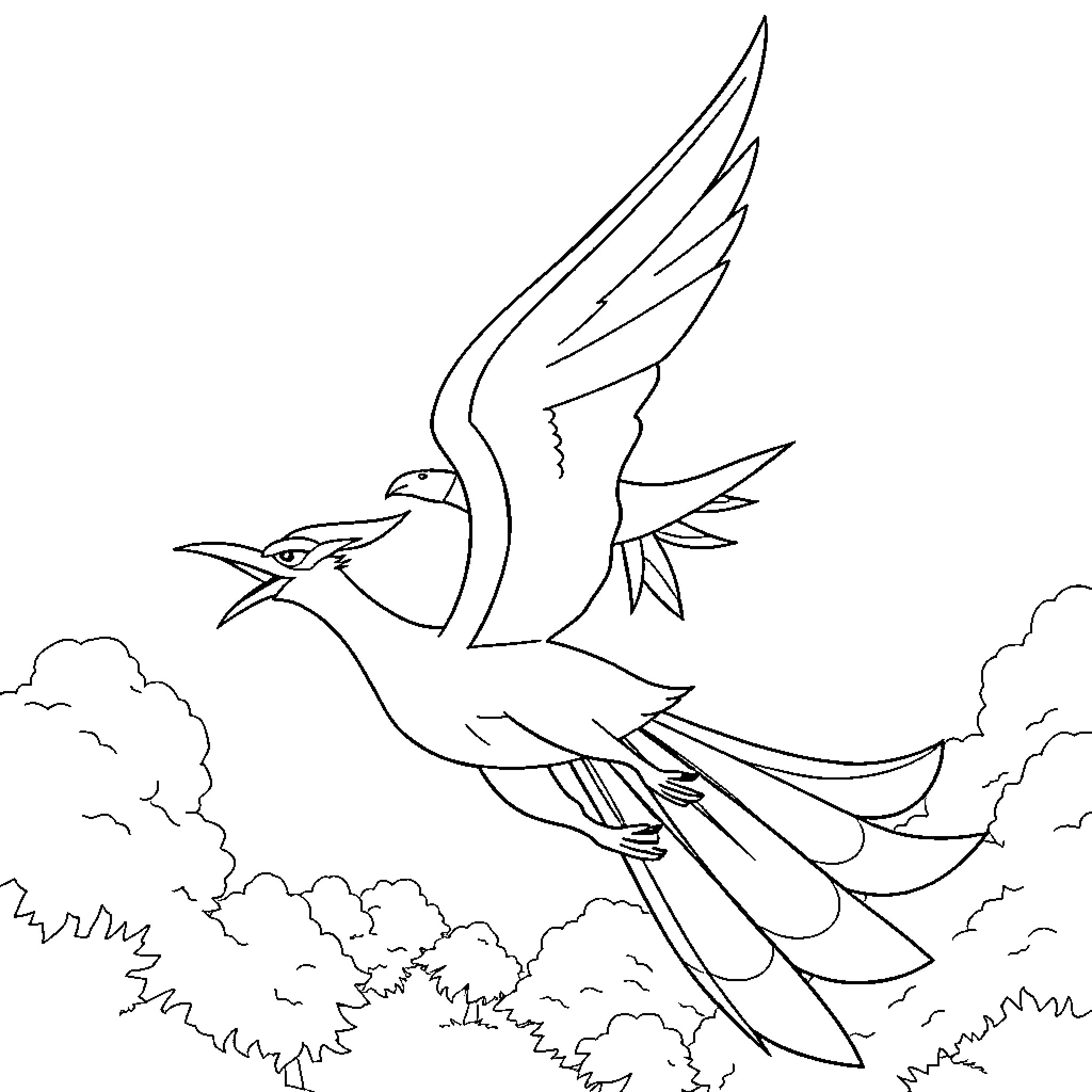 Lugia soaring gracefully through the clouds Coloring Page (free black-and-white line drawing printable PDF for all, from beginners to advanced learners, including children, teens, adults, and seniors)