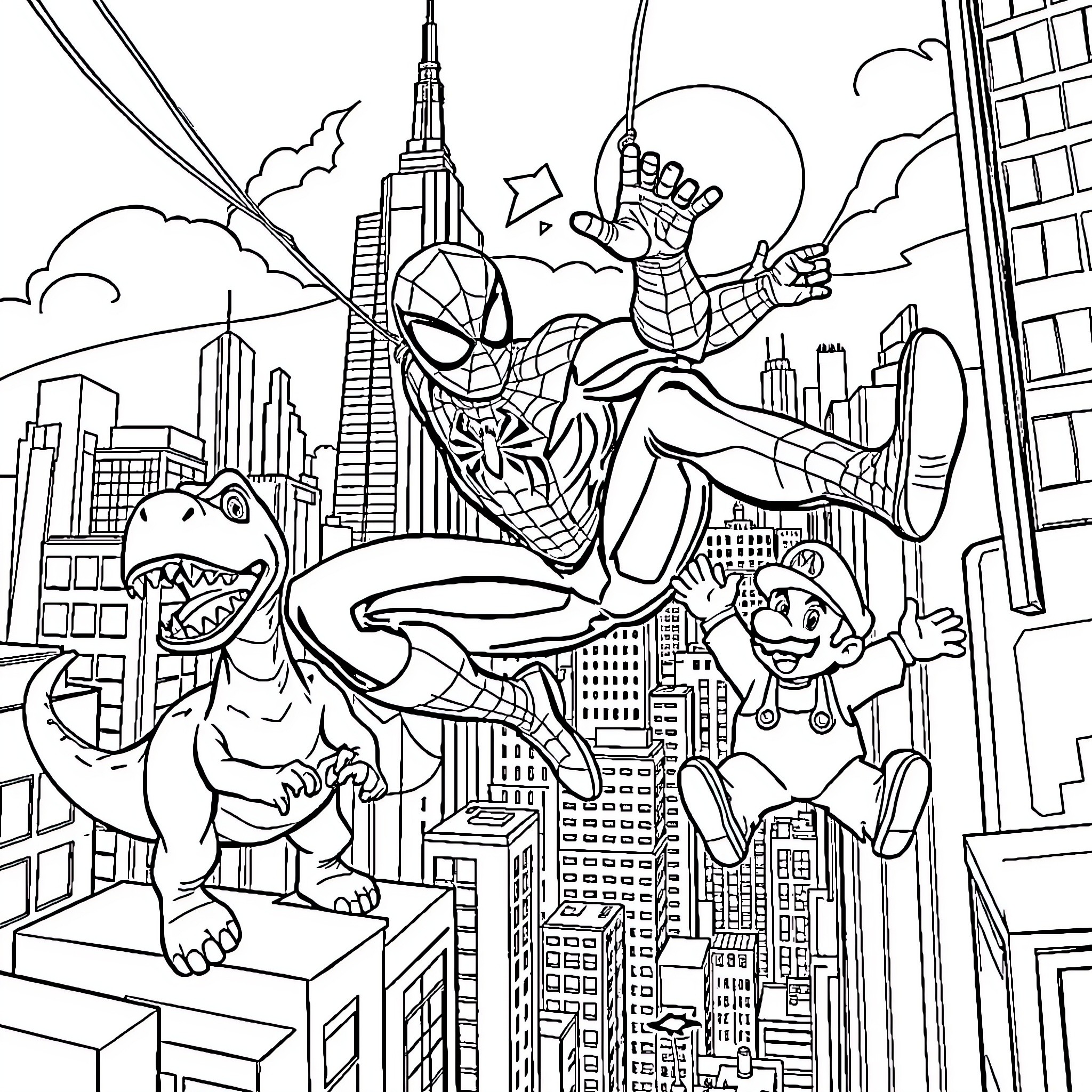 Spider-Man swinging through the city skyline Coloring Page (free black-and-white line drawing printable PDF for all, from beginners to advanced learners, including children, teens, adults, and seniors)
