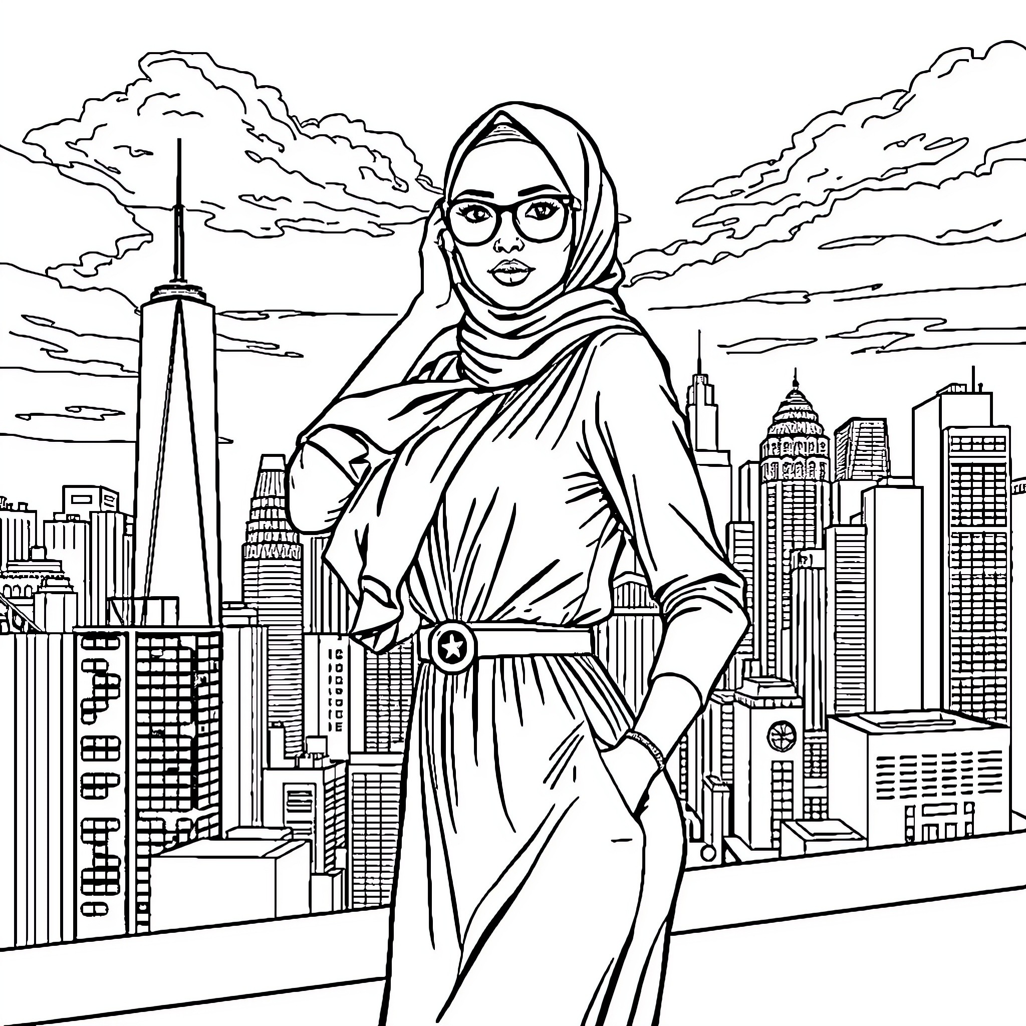 Hijab-clad woman exploring the modern cityscape Coloring Page (free black-and-white line drawing printable PDF for all, from beginners to advanced learners, including children, teens, adults, and seniors)