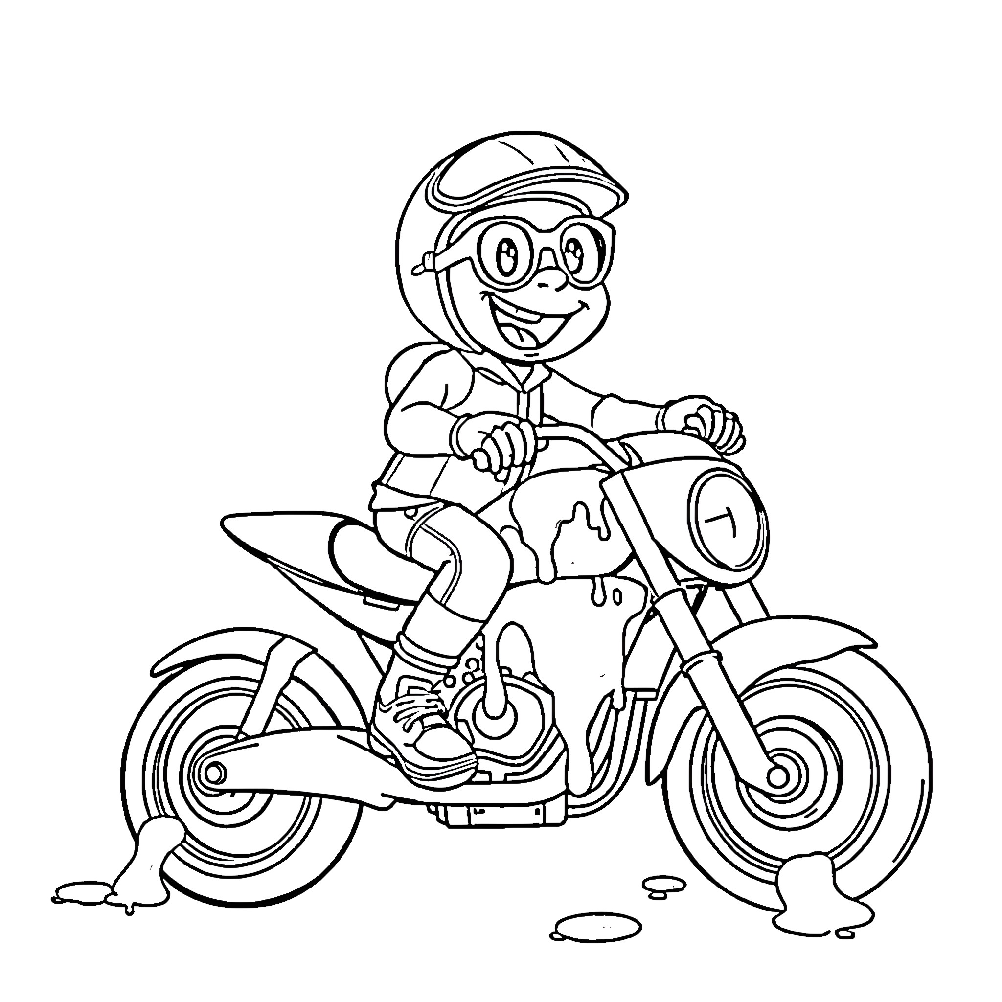 Blippi riding on a motorcycle in an animated style Coloring Page (free black-and-white line drawing printable PDF for all, from beginners to advanced learners, including children, teens, adults, and seniors)