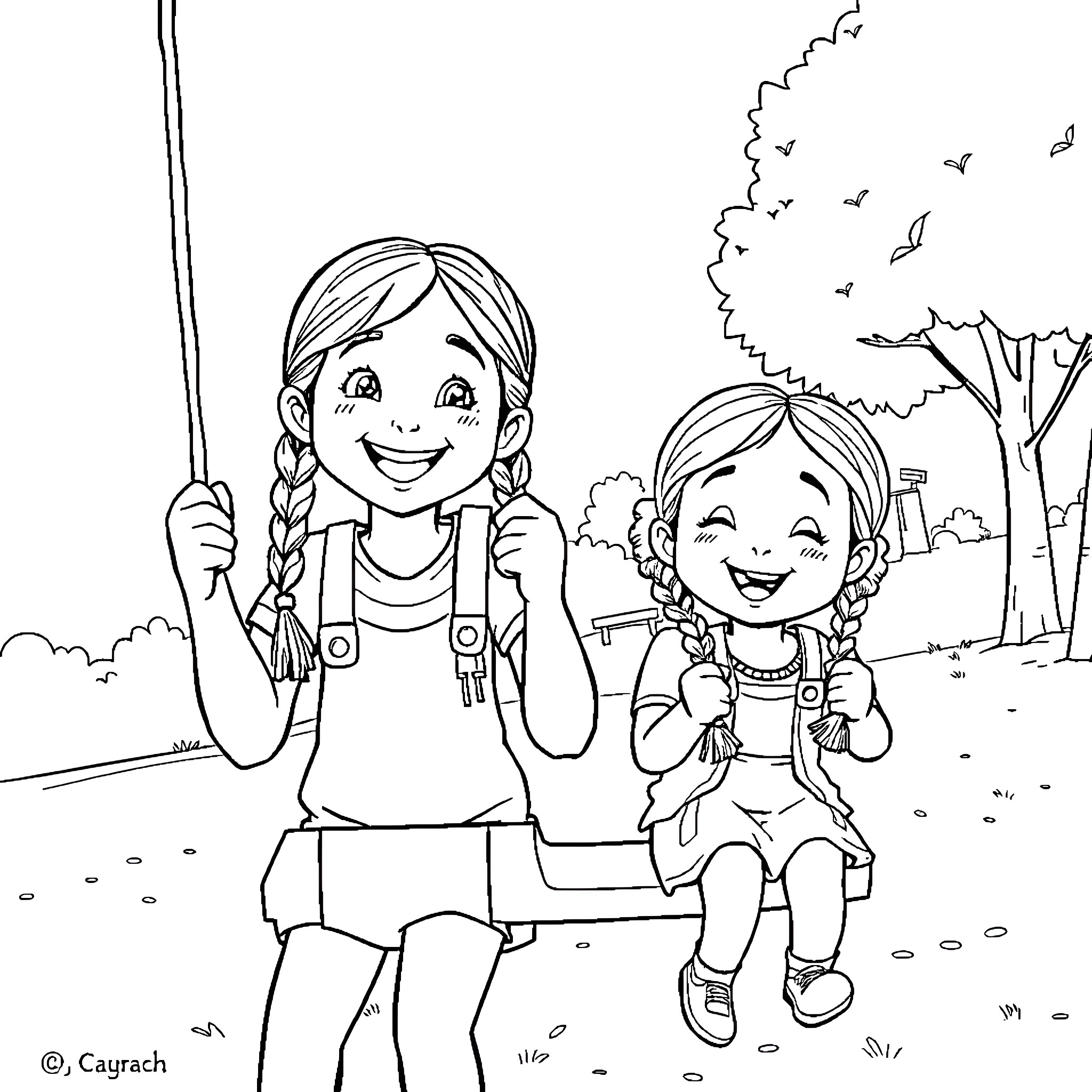 Girls enjoying outdoor activities together Coloring Page (free black-and-white line drawing printable PDF for all, from beginners to advanced learners, including children, teens, adults, and seniors)