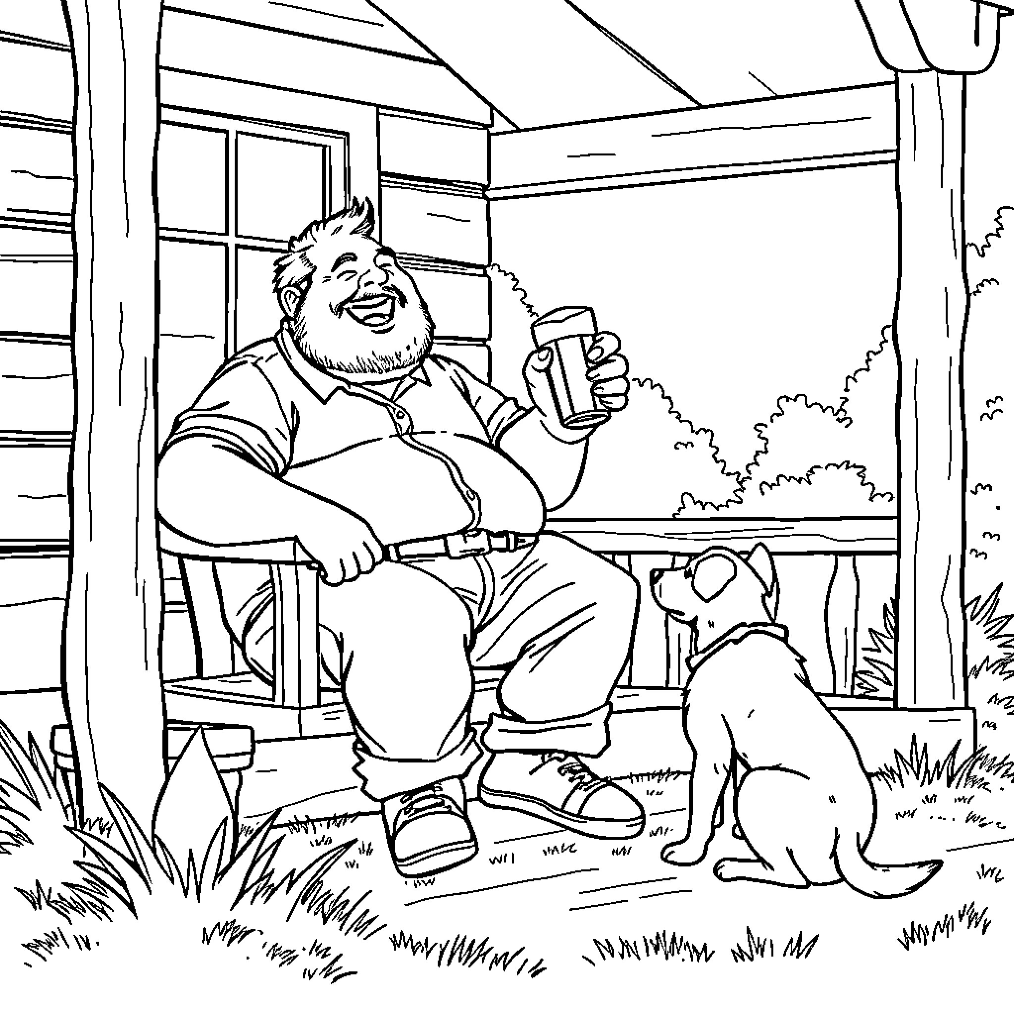 Guy relaxing on porch with pet dog Coloring Page (free black-and-white line drawing printable PDF for all, from beginners to advanced learners, including children, teens, adults, and seniors)