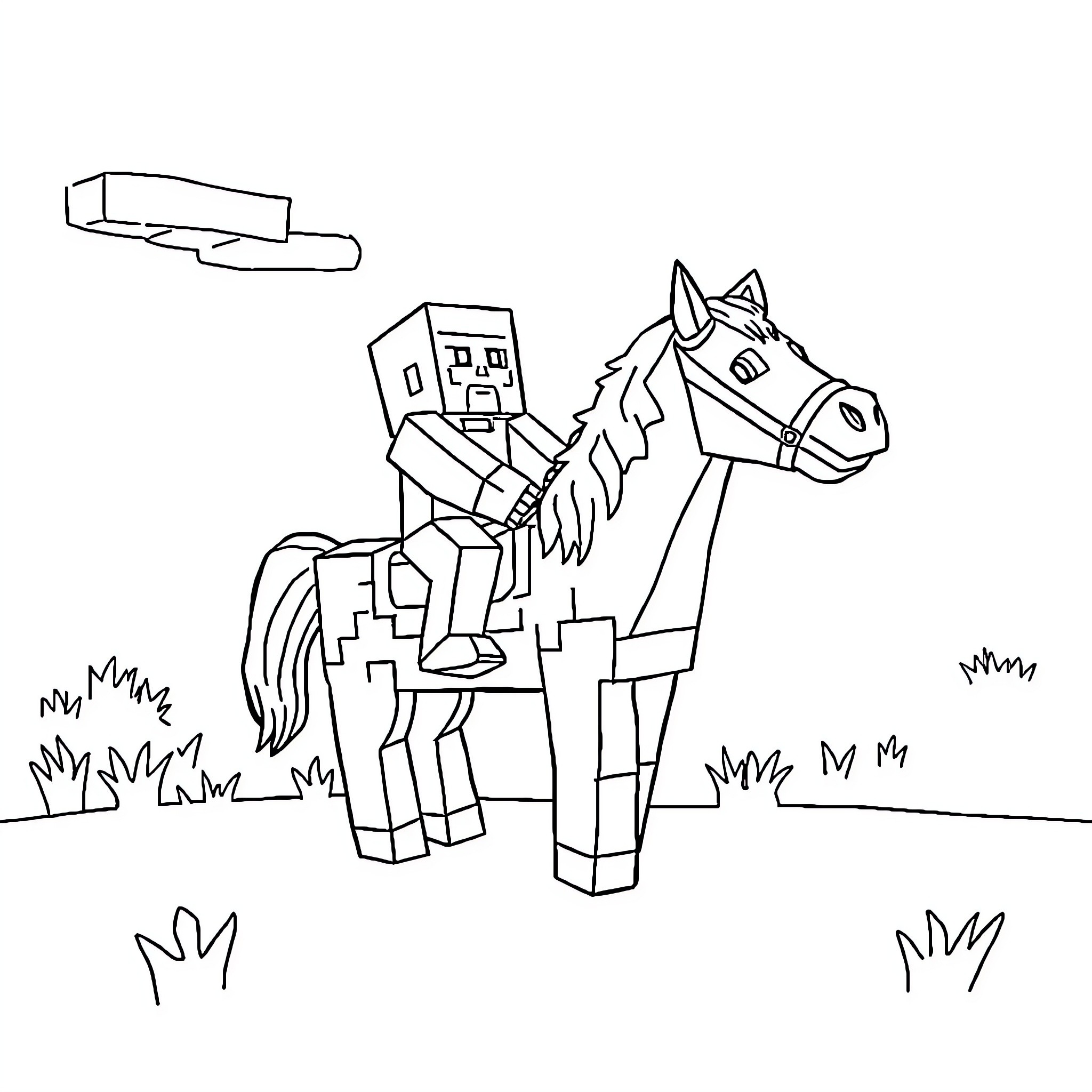 Minecraft Character Riding Horse in Outdoor Scene Coloring Page (free black-and-white line drawing printable PDF for all, from beginners to advanced learners, including children, teens, adults, and seniors)