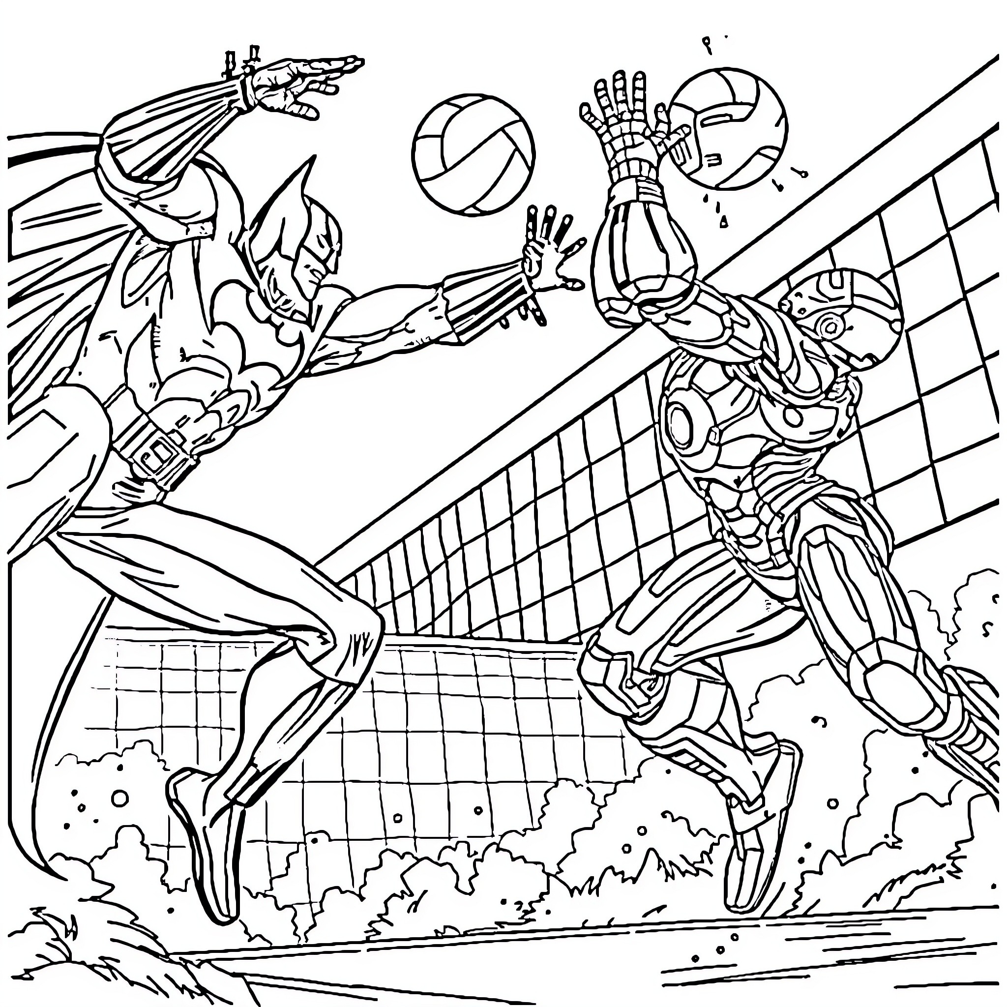 Batman Engaging in Superhero Volleyball Match Coloring Page (free black-and-white line drawing printable PDF for all, from beginners to advanced learners, including children, teens, adults, and seniors)