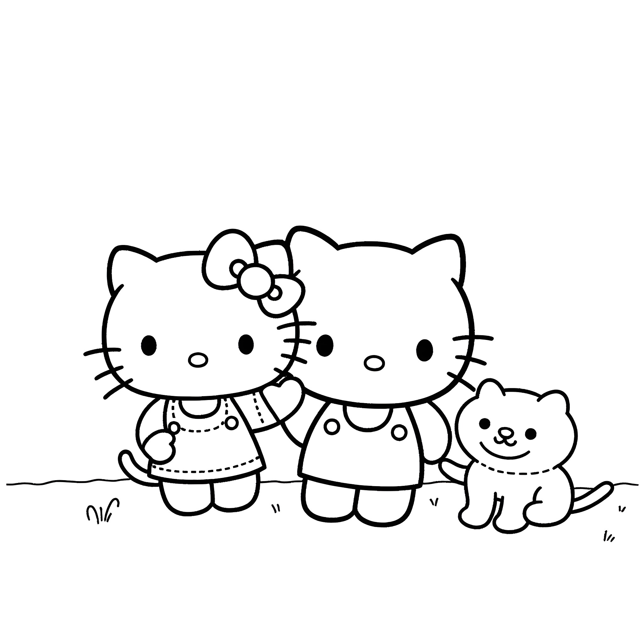 Hello Kitty playing with her friends Coloring Page (free black-and-white line drawing printable PDF for all, from beginners to advanced learners, including children, teens, adults, and seniors)