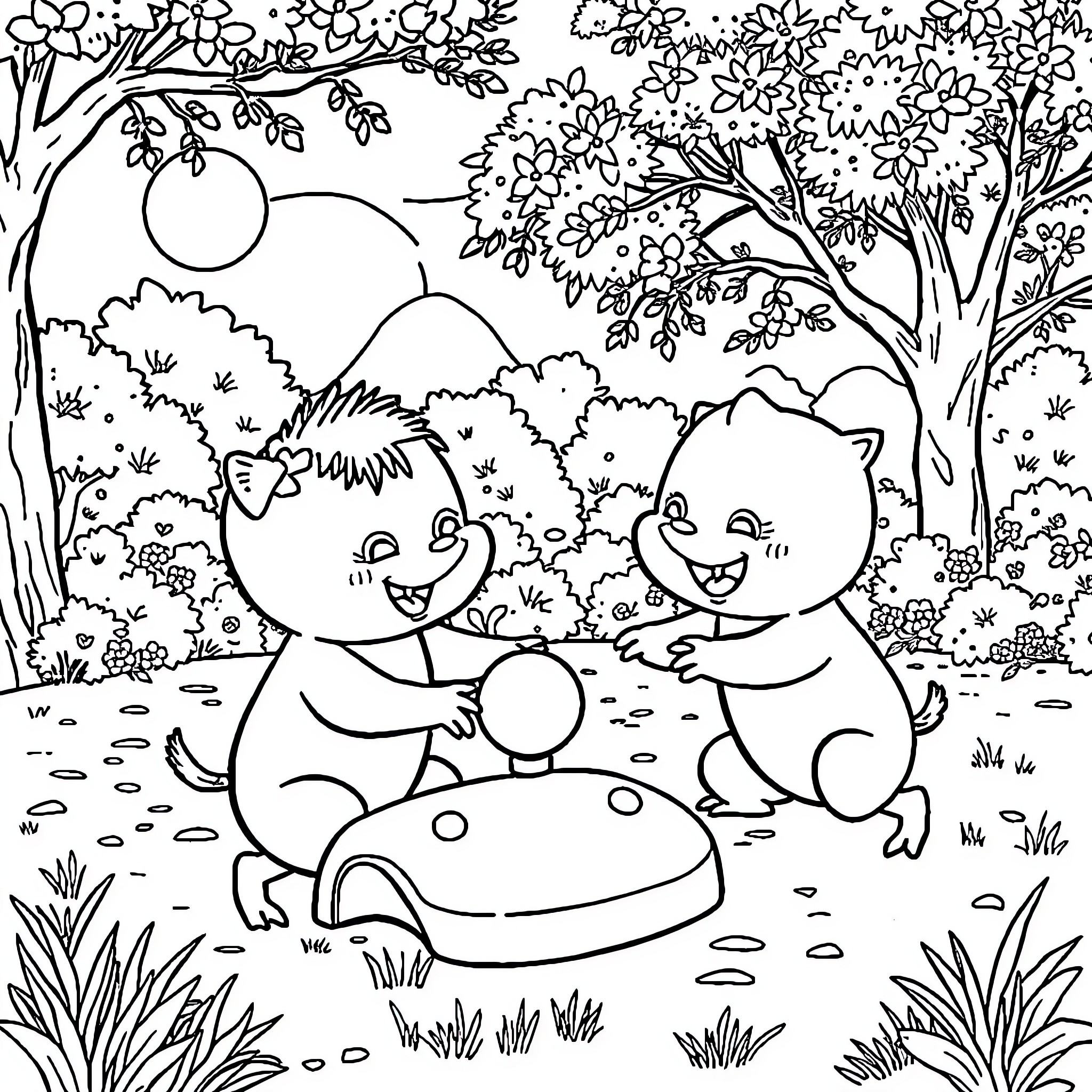 Ping kittens playing joyfully in the forest Coloring Page (free black-and-white line drawing printable PDF for all, from beginners to advanced learners, including children, teens, adults, and seniors)