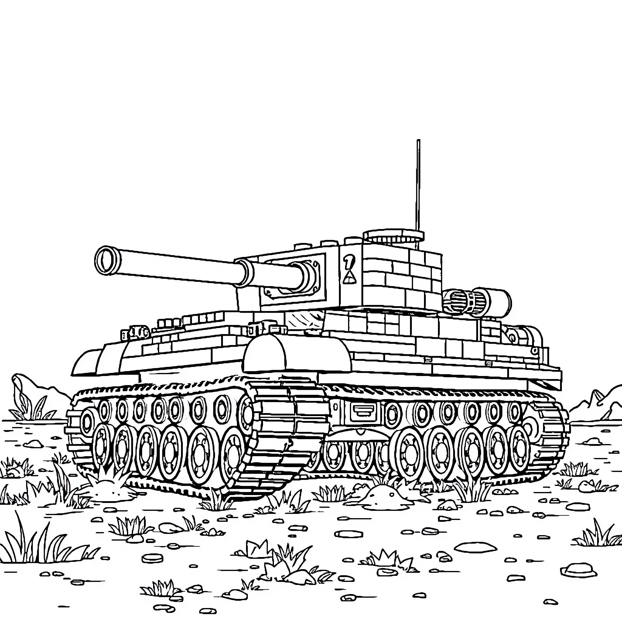 Tank maneuvering through the battlefield Coloring Page (free black-and-white line drawing printable PDF for all, from beginners to advanced learners, including children, teens, adults, and seniors)