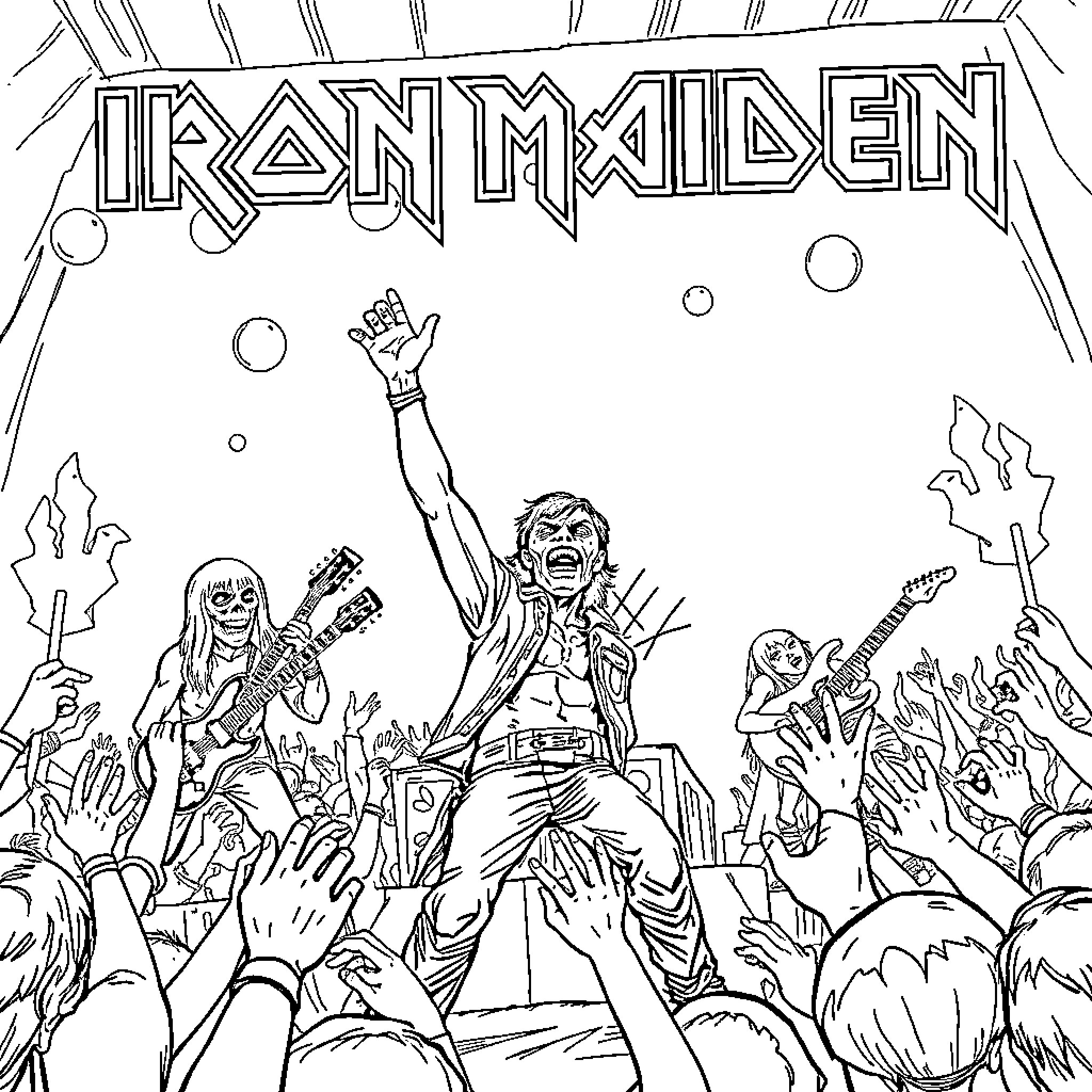 Iron Maiden Performing Before Enthusiastic Fans Coloring Page (free black-and-white line drawing printable PDF for all, from beginners to advanced learners, including children, teens, adults, and seniors)