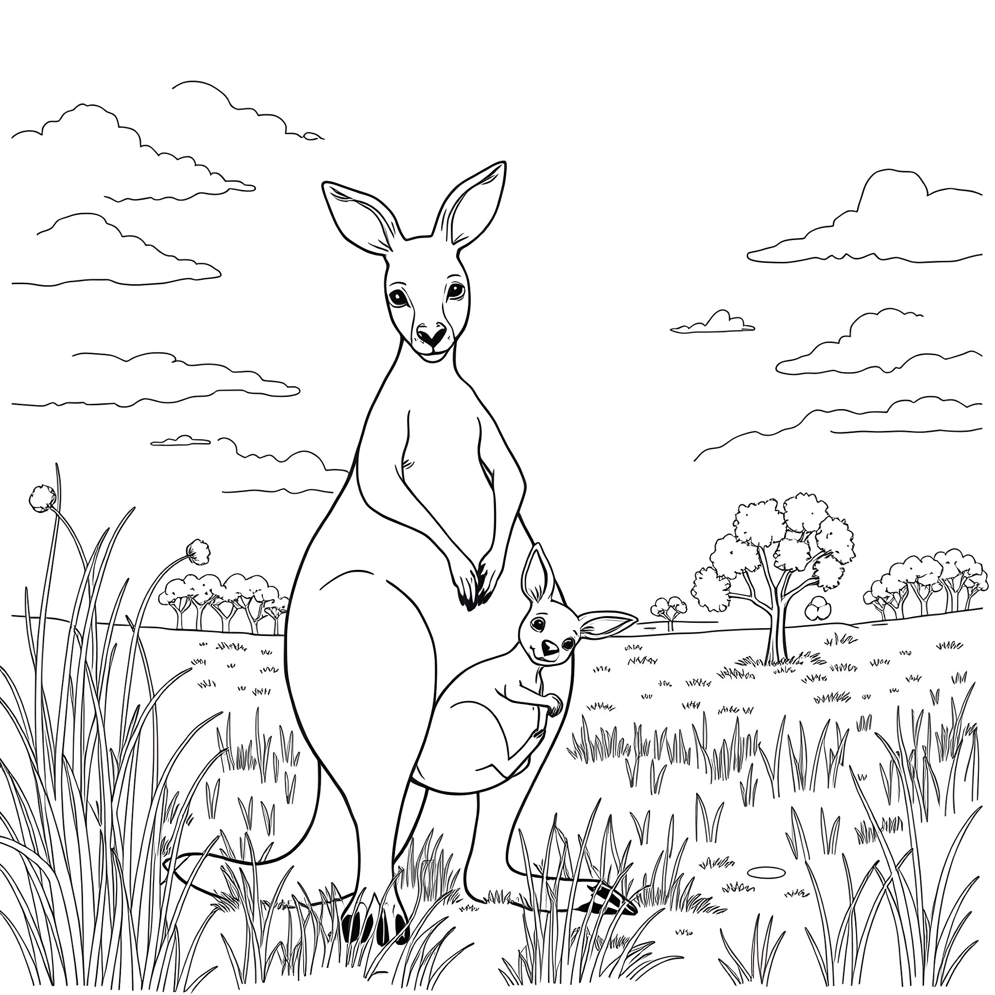 Kangaroos Hopping in the Grassy Meadow Coloring Page (free black-and-white line drawing printable PDF for all, from beginners to advanced learners, including children, teens, adults, and seniors)