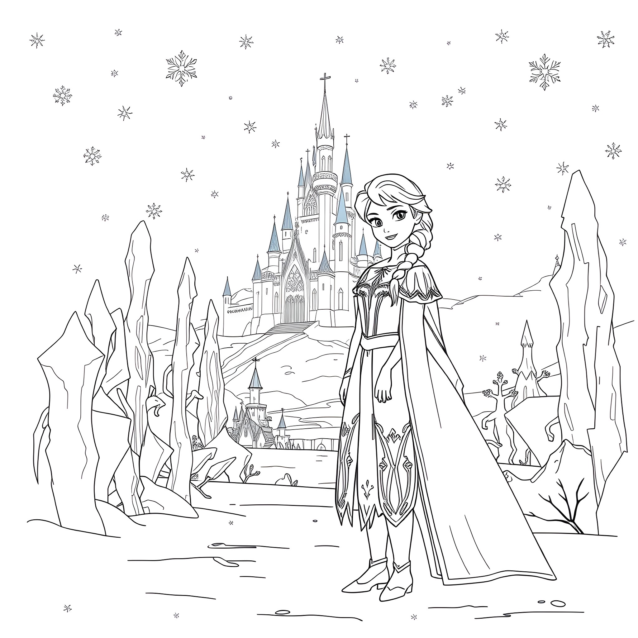 Anna in a Winter Wonderland Coloring Page (free black-and-white line drawing printable PDF for all, from beginners to advanced learners, including children, teens, adults, and seniors)