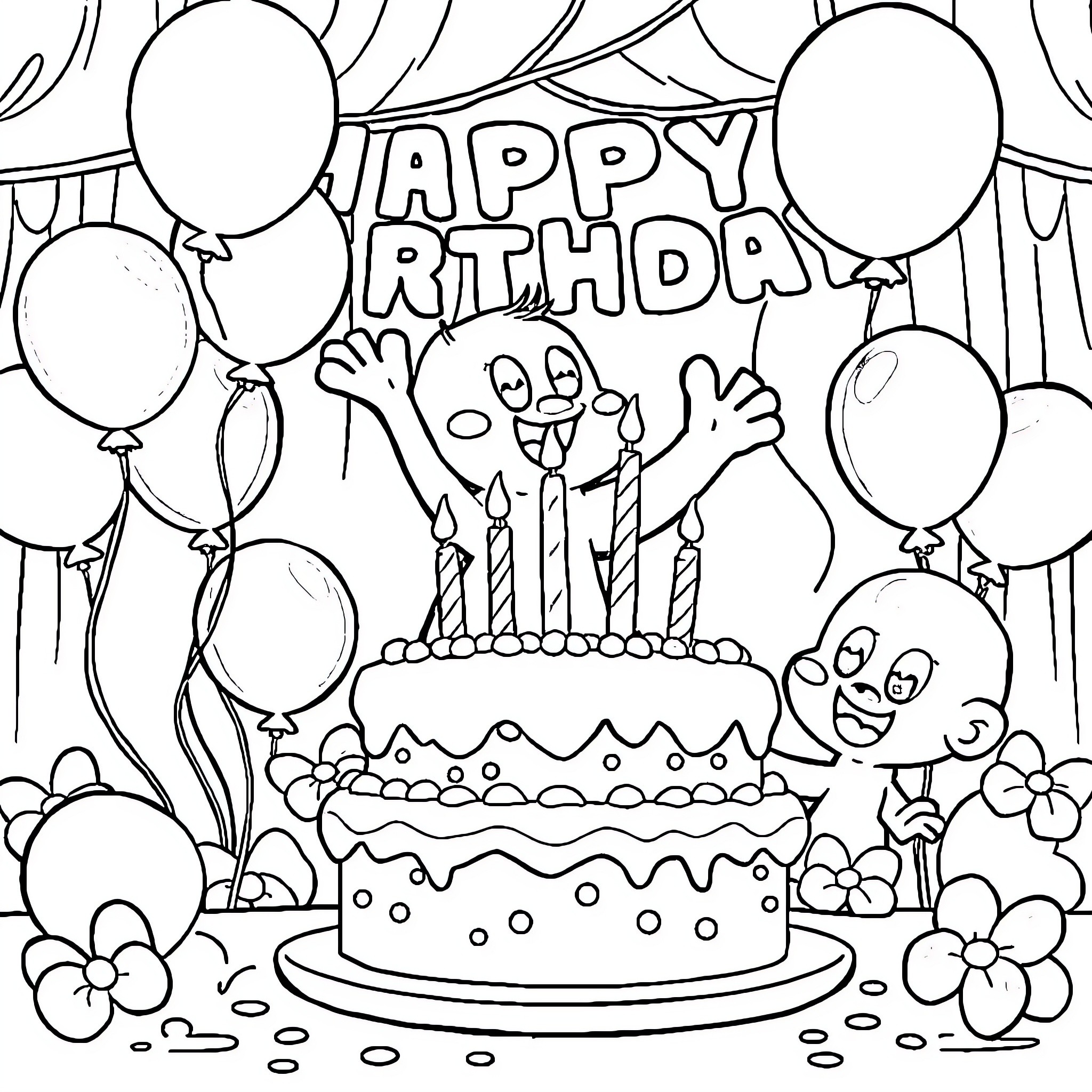 Bluey's Joyful Birthday Celebration Coloring Page (free black-and-white line drawing printable PDF for all, from beginners to advanced learners, including children, teens, adults, and seniors)