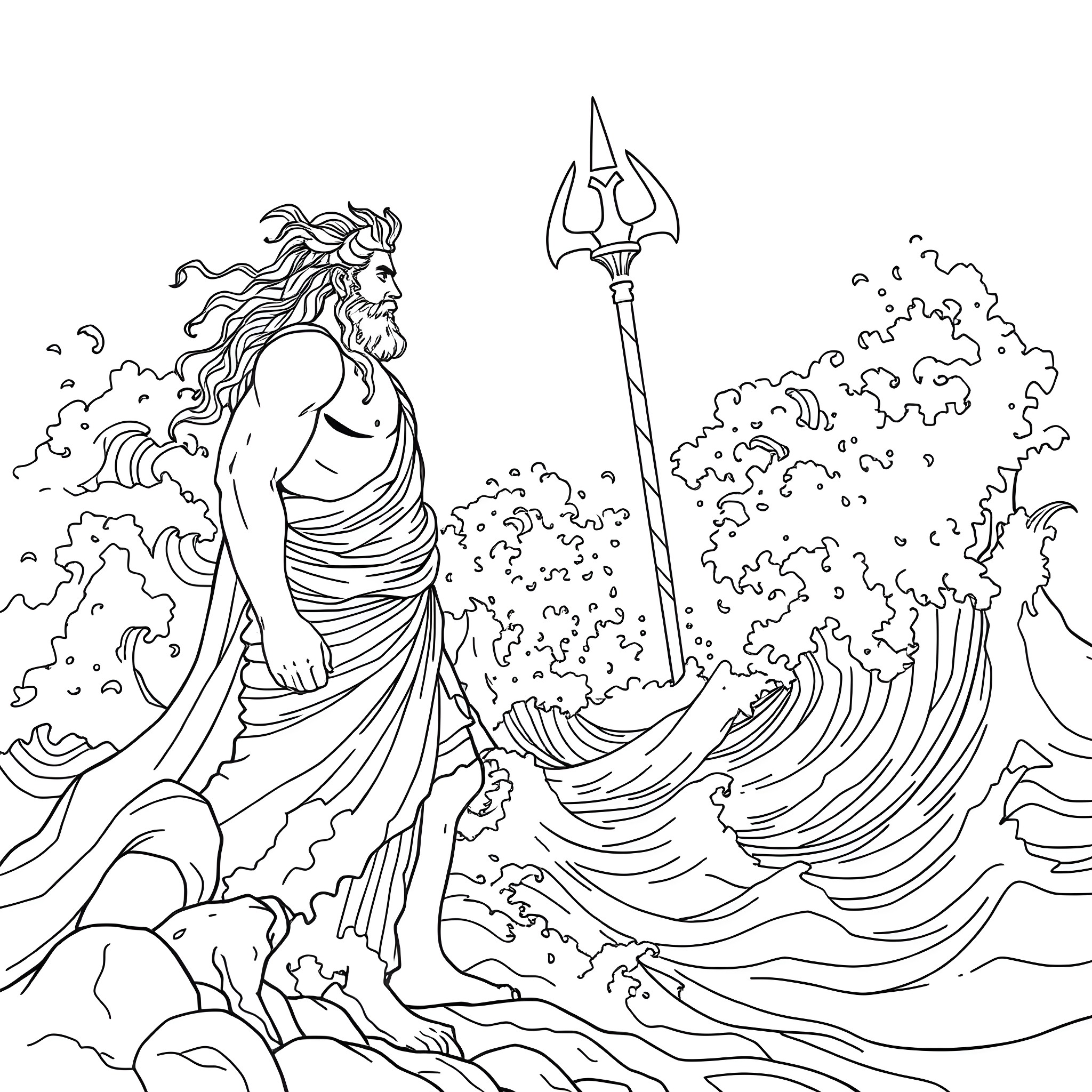 Odysseus Confronting the Mighty Poseidon Coloring Page (free black-and-white line drawing printable PDF for all, from beginners to advanced learners, including children, teens, adults, and seniors)