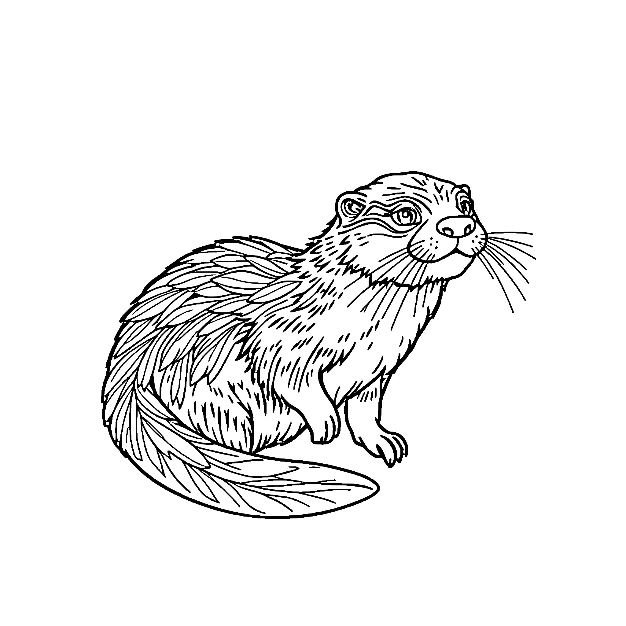 Otter sitting with watchful expression Coloring Page (free black-and-white line drawing printable PDF for all, from beginners to advanced learners, including children, teens, adults, and seniors)
