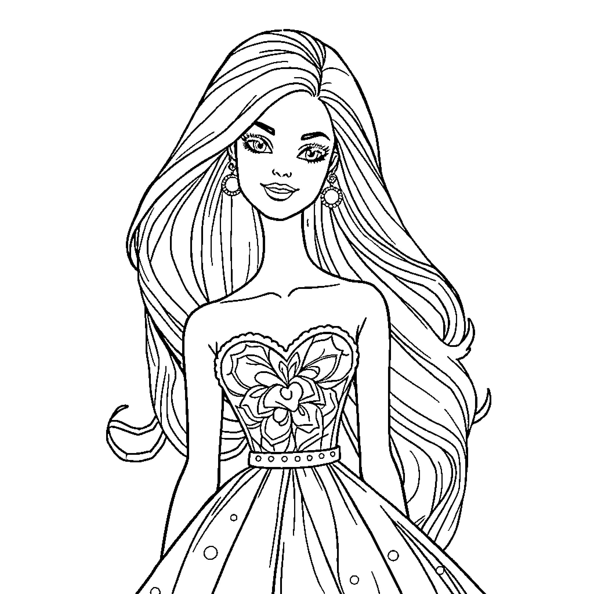 Barbie in a Glamorous Gown with Long Hair Coloring Page (free black-and-white line drawing printable PDF for all, from beginners to advanced learners, including children, teens, adults, and seniors)