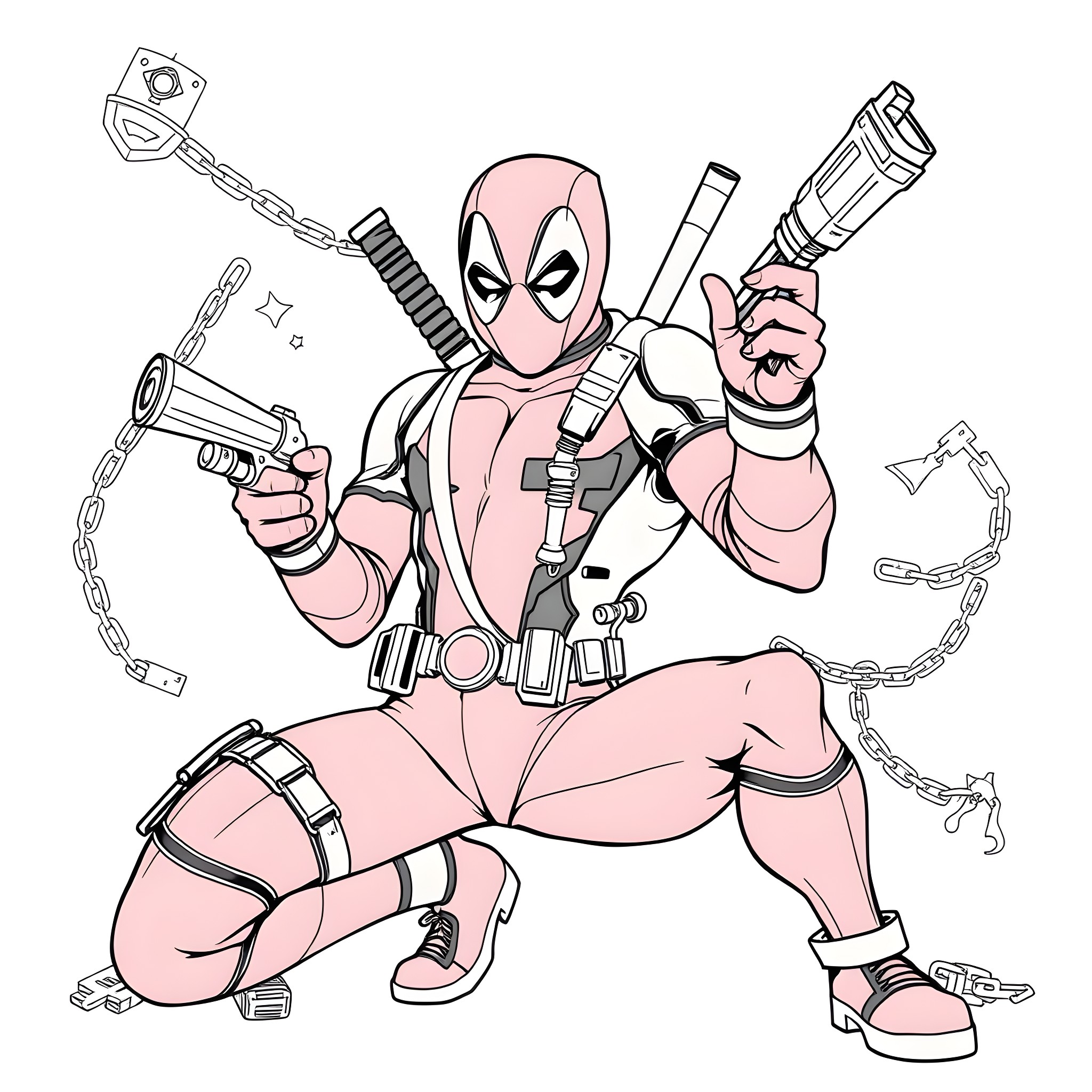 Deadpool in action-packed combat pose Coloring Page (free black-and-white line drawing printable PDF for all, from beginners to advanced learners, including children, teens, adults, and seniors)