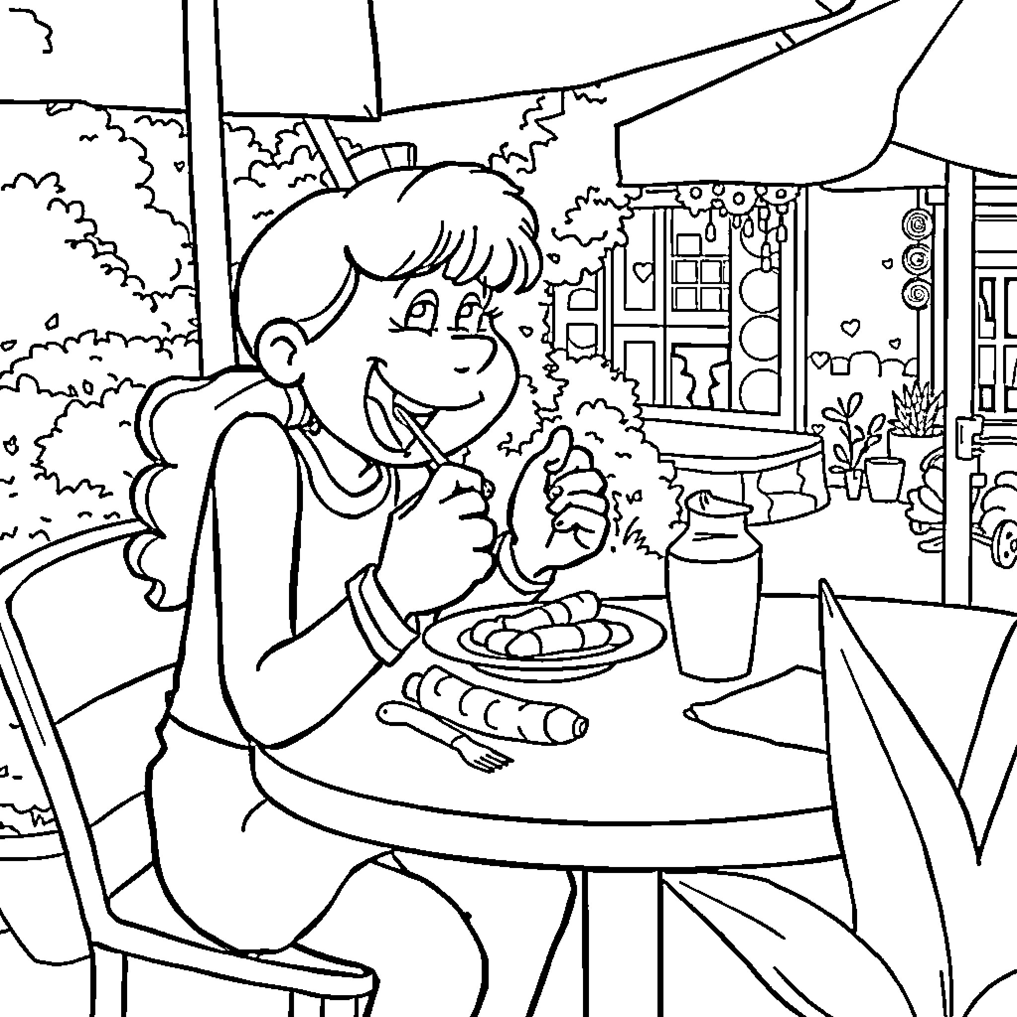 Arale enjoying a tasty meal outdoors Coloring Page (free black-and-white line drawing printable PDF for all, from beginners to advanced learners, including children, teens, adults, and seniors)