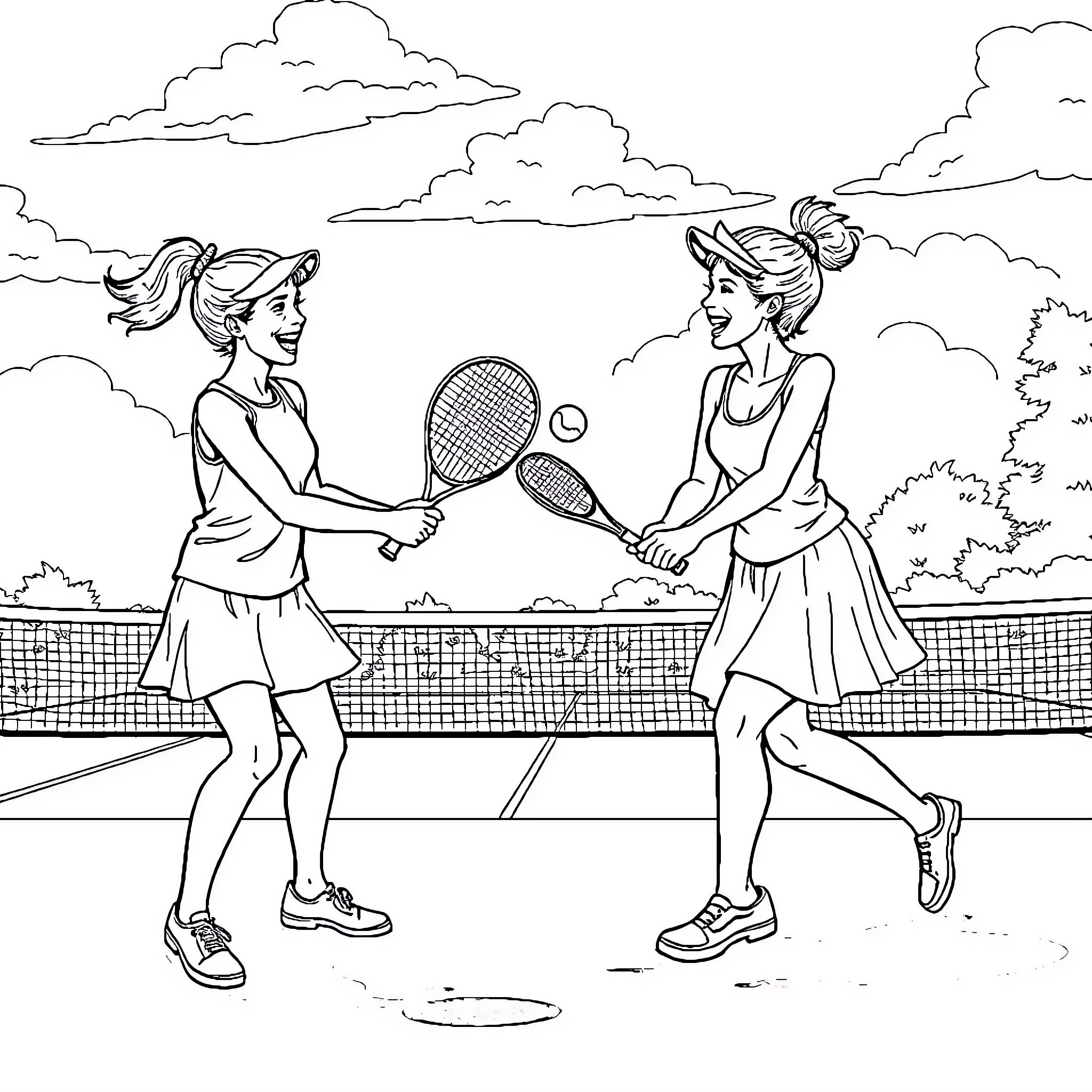 Sister tennis players on the court Coloring Page (free black-and-white line drawing printable PDF for all, from beginners to advanced learners, including children, teens, adults, and seniors)