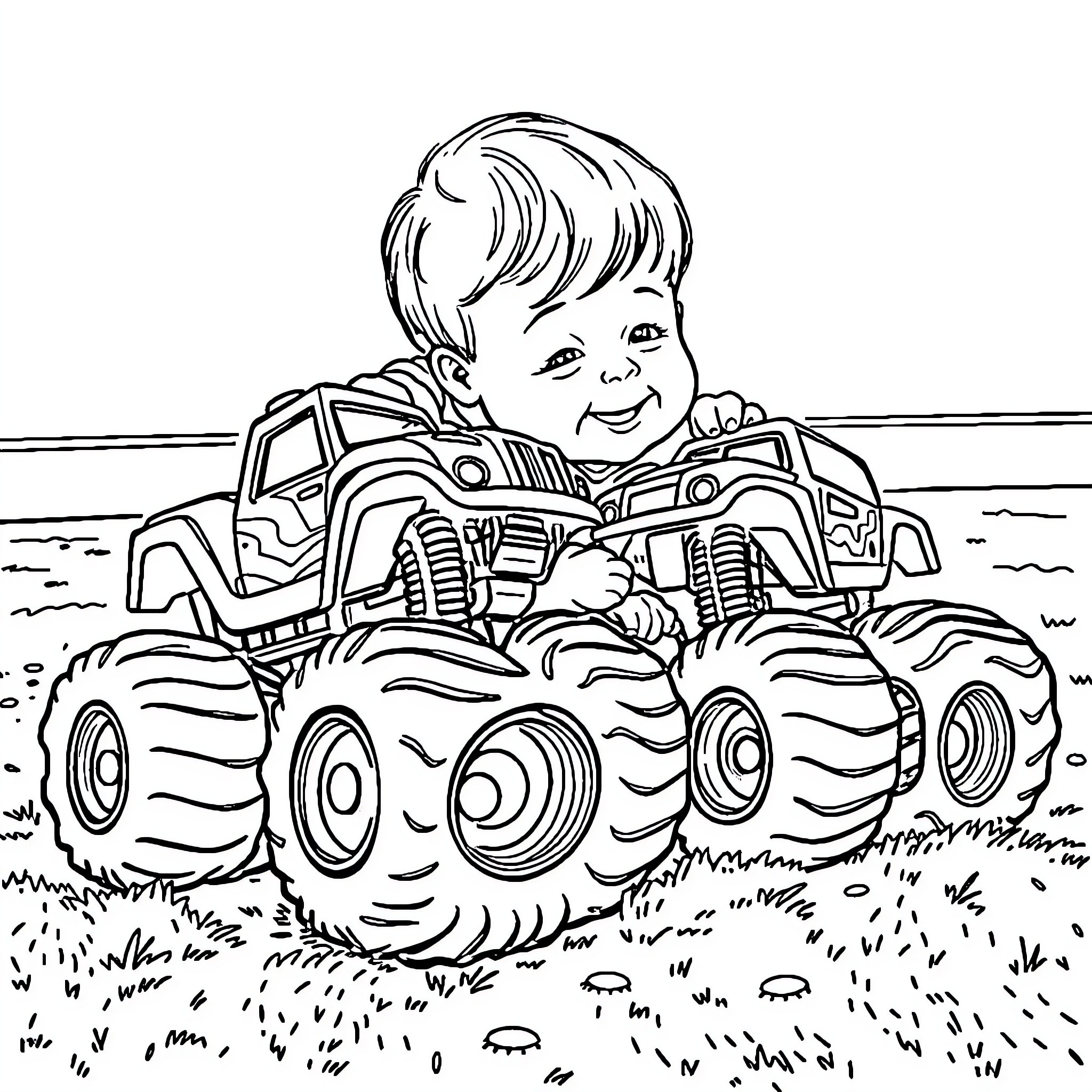 Monster Truck Driven by Smiling Child on Grassy Field Coloring Page (free black-and-white line drawing printable PDF for all, from beginners to advanced learners, including children, teens, adults, and seniors)