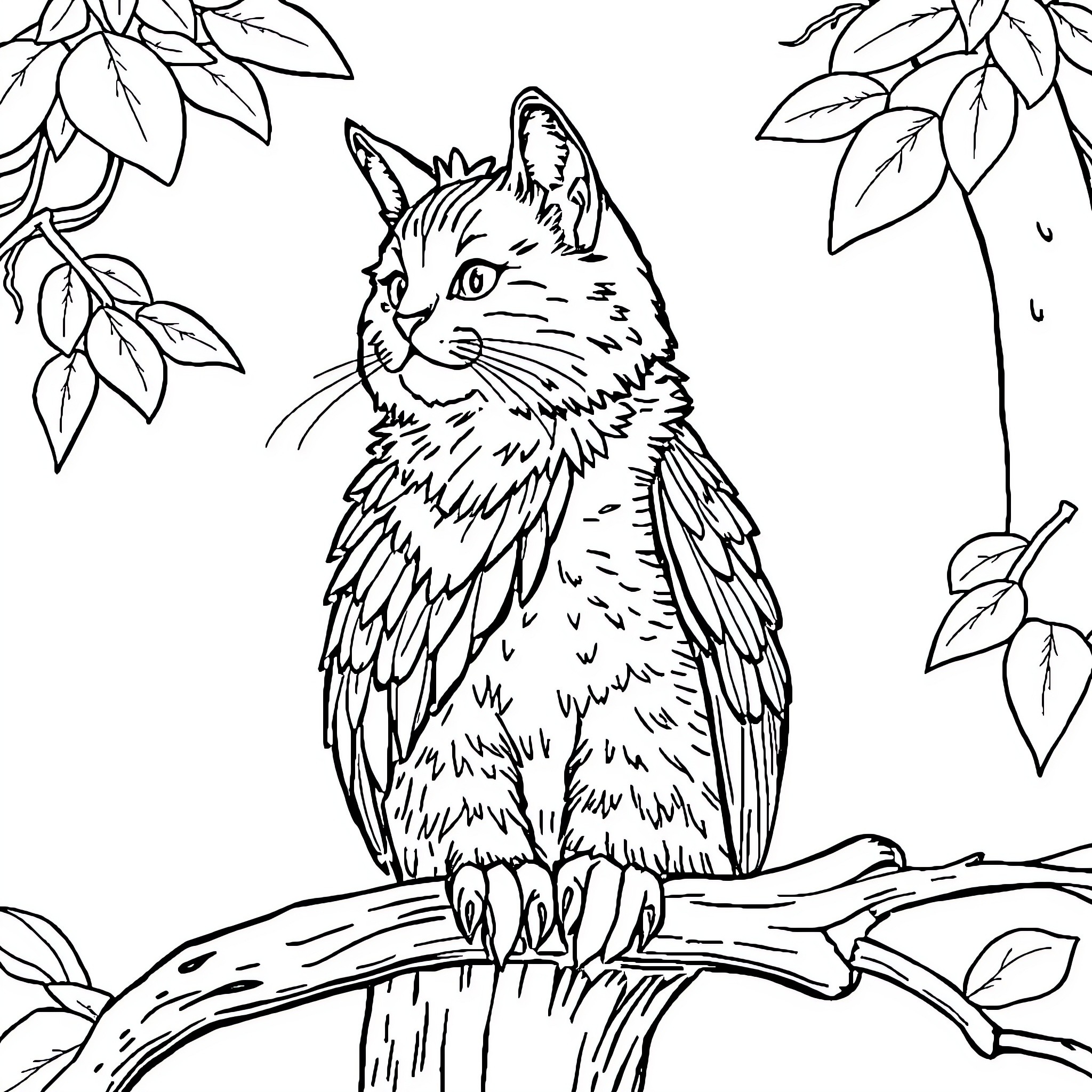 Cat on Leaf-Covered Branch Coloring Page (free black-and-white line drawing printable PDF for all, from beginners to advanced learners, including children, teens, adults, and seniors)
