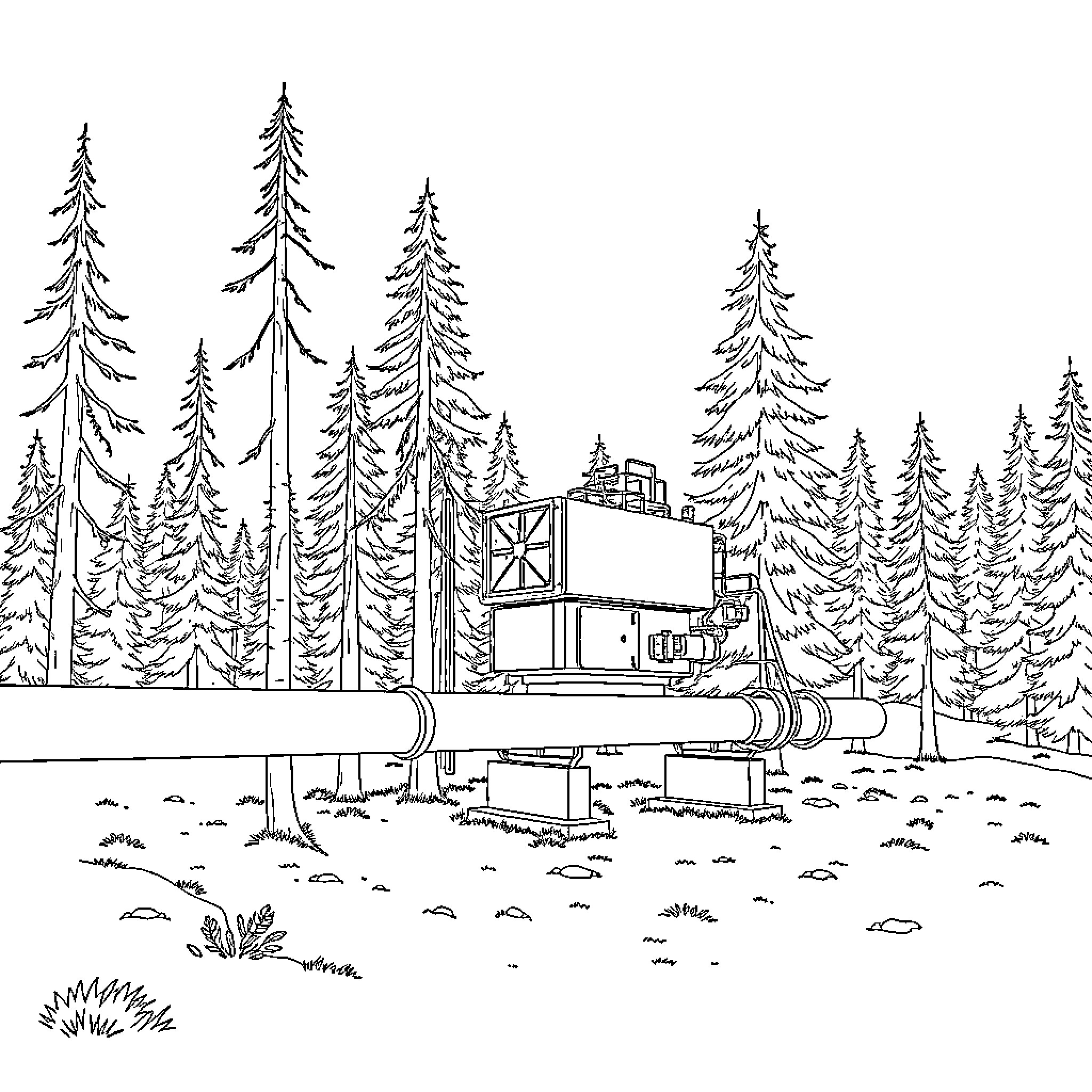 X-ray Rig in a Forested Landscape Coloring Page (free black-and-white line drawing printable PDF for all, from beginners to advanced learners, including children, teens, adults, and seniors)