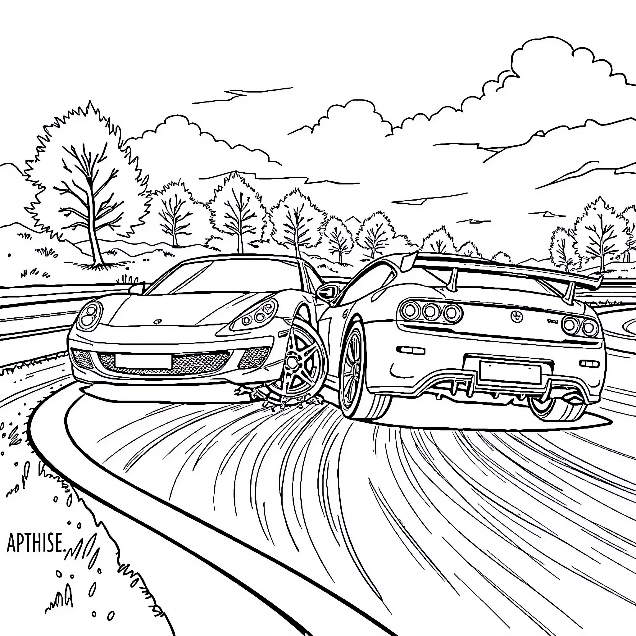 Car racing on winding road through mountainous landscape Coloring Page (free black-and-white line drawing printable PDF for all, from beginners to advanced learners, including children, teens, adults, and seniors)