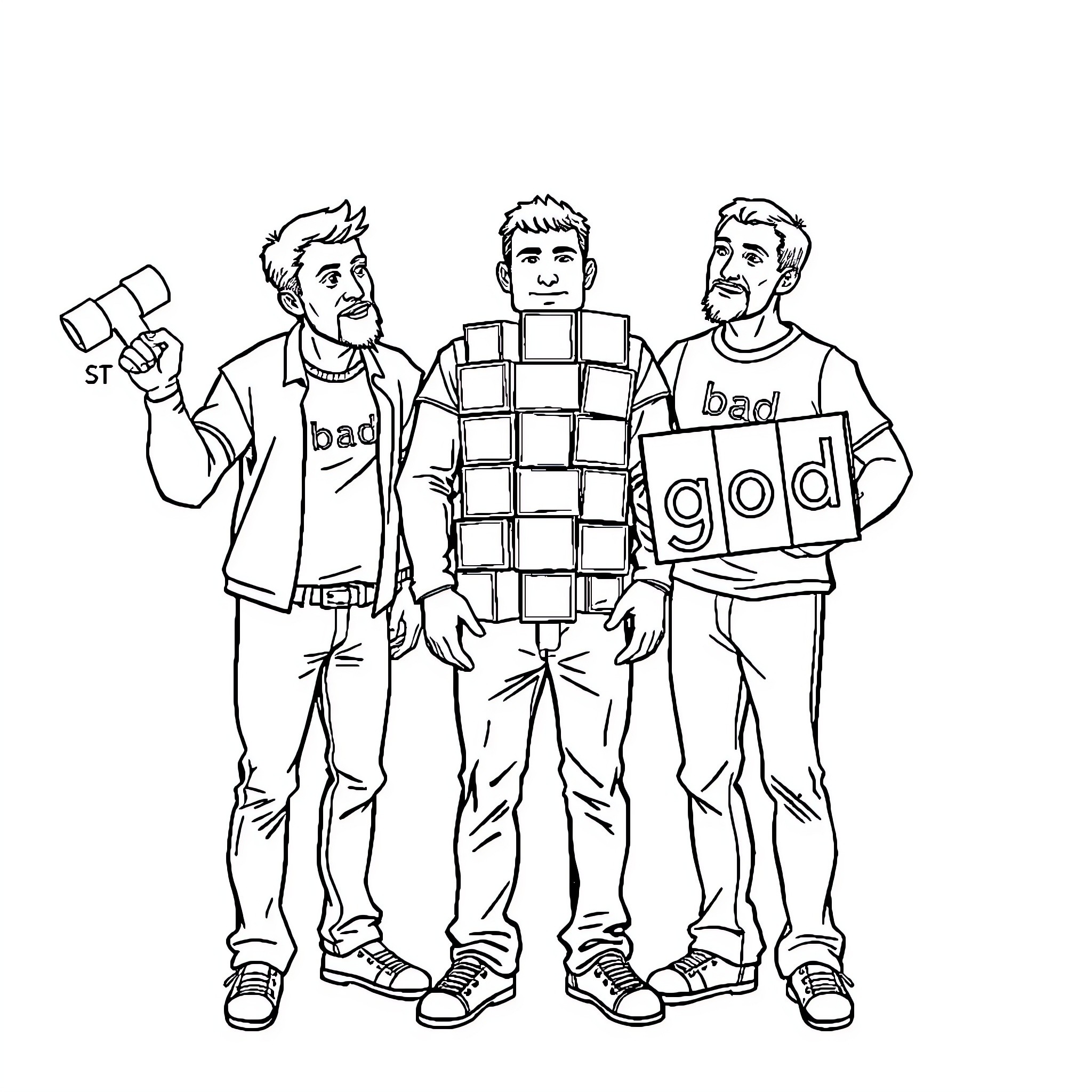 Persons dressed as bad, god, and st Coloring Page (free black-and-white line drawing printable PDF for all, from beginners to advanced learners, including children, teens, adults, and seniors)
