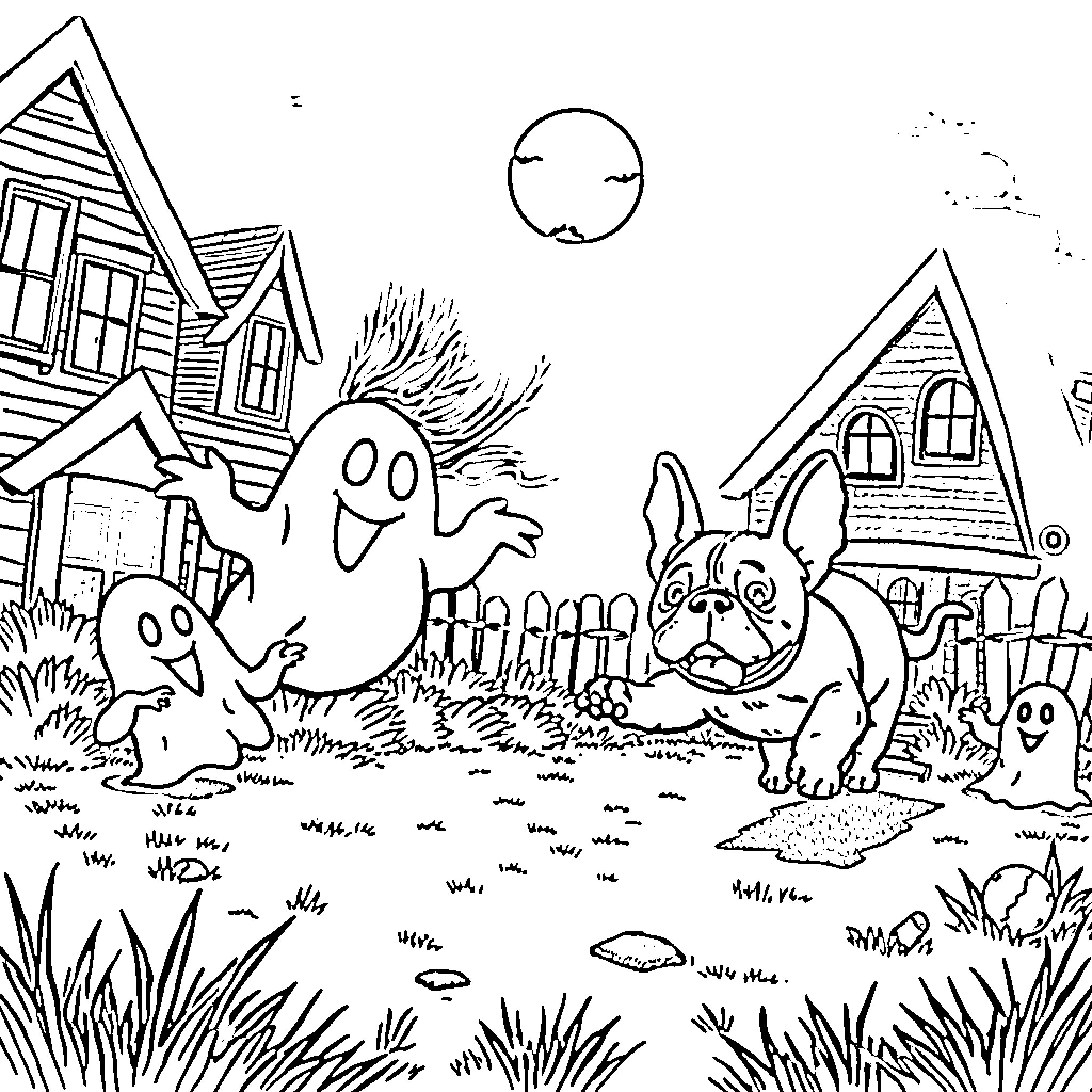 French Bulldog playing with ghosts in a spooky neighborhood Coloring Page (free black-and-white line drawing printable PDF for all, from beginners to advanced learners, including children, teens, adults, and seniors)