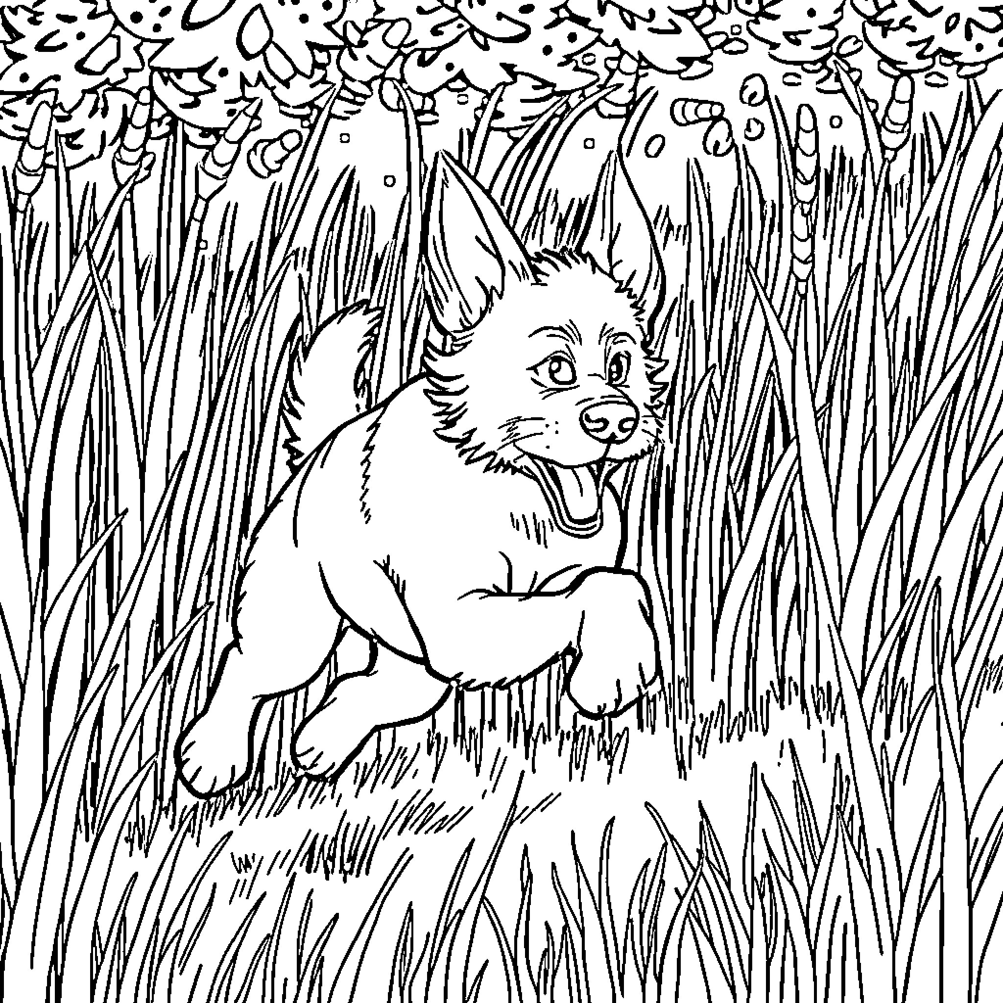 Perro playing happily in the tall grass Coloring Page (free black-and-white line drawing printable PDF for all, from beginners to advanced learners, including children, teens, adults, and seniors)