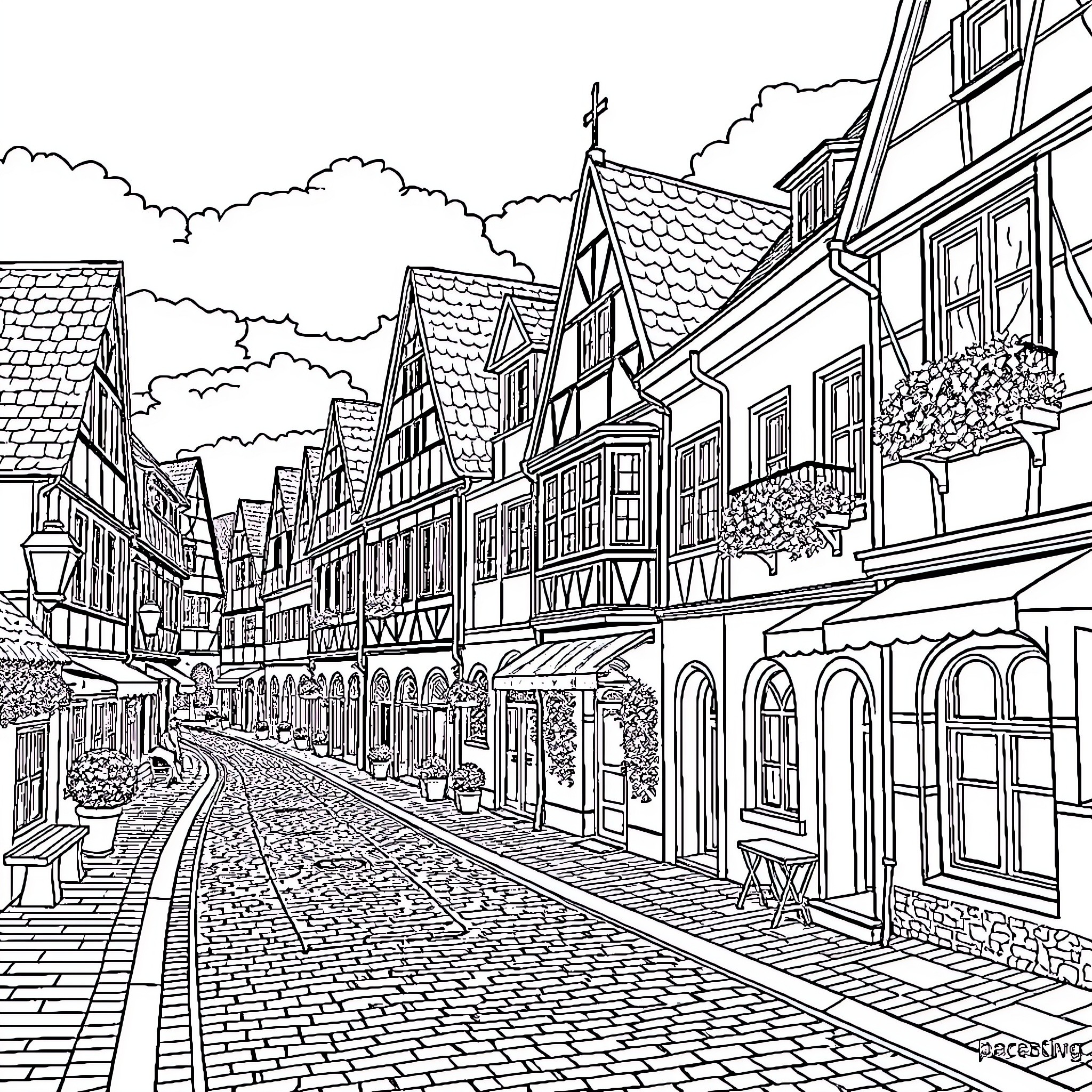 Town with traditional architecture and pedestrian street Coloring Page (free black-and-white line drawing printable PDF for all, from beginners to advanced learners, including children, teens, adults, and seniors)