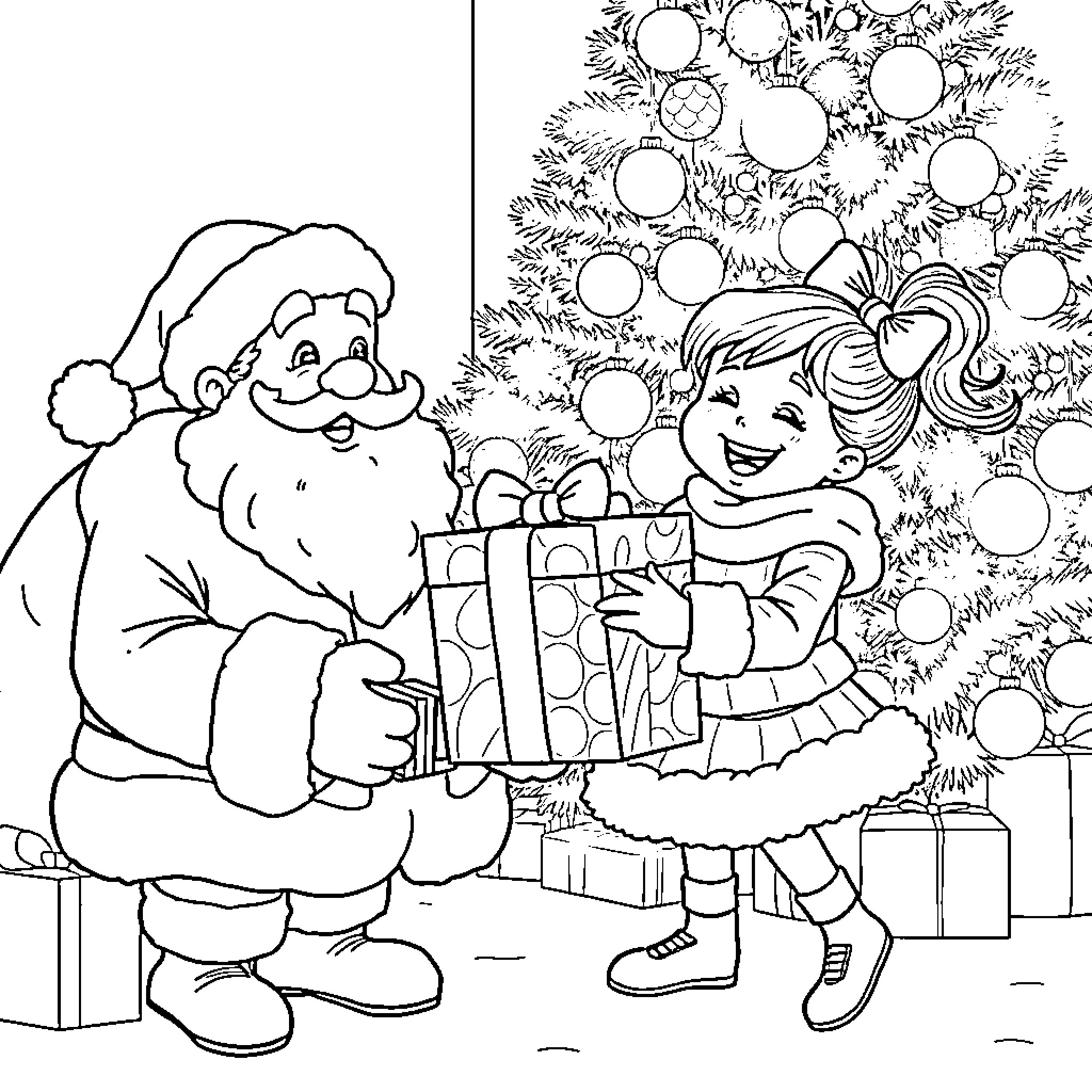 Santa Claus Giving Presents to Happy Child Near Christmas Tree Coloring Page (free black-and-white line drawing printable PDF for all, from beginners to advanced learners, including children, teens, adults, and seniors)