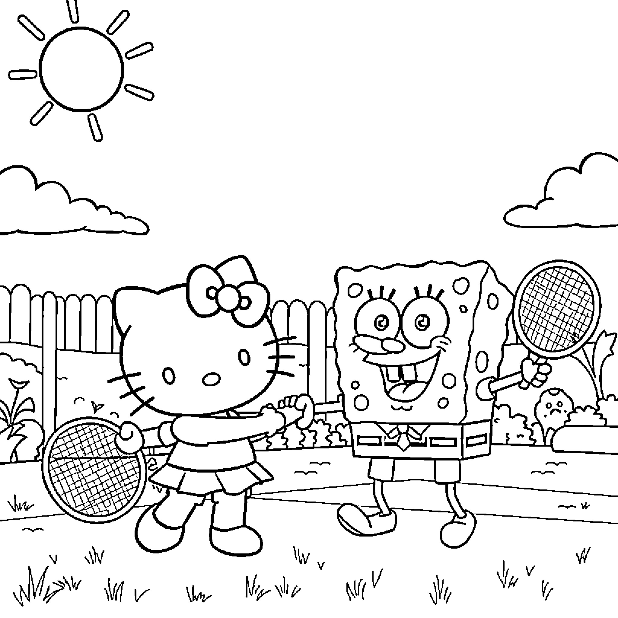 Hello Kitty playing tennis with SpongeBob Coloring Page (free black-and-white line drawing printable PDF for all, from beginners to advanced learners, including children, teens, adults, and seniors)