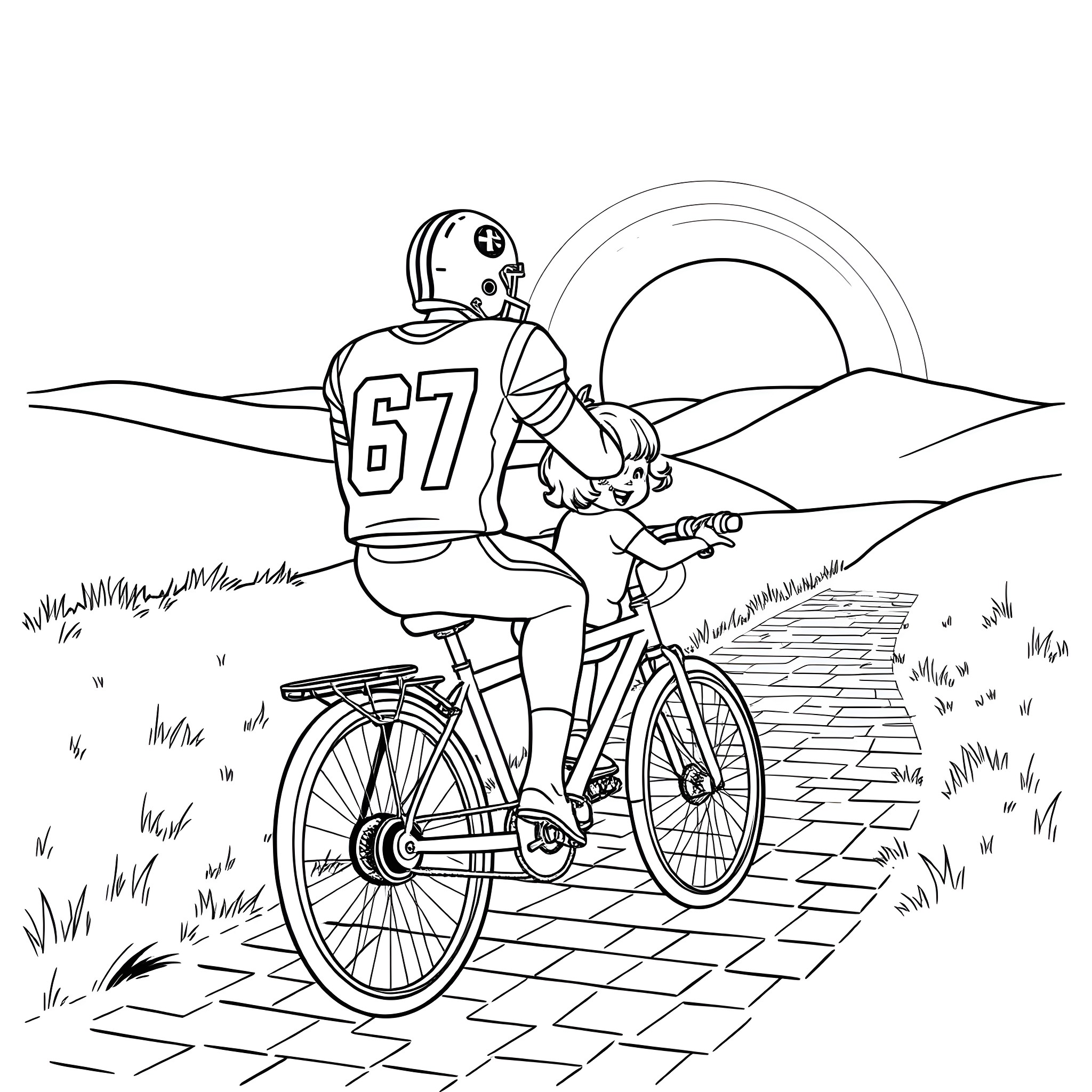 Man riding bicycle in outdoor scene Coloring Page (free black-and-white line drawing printable PDF for all, from beginners to advanced learners, including children, teens, adults, and seniors)