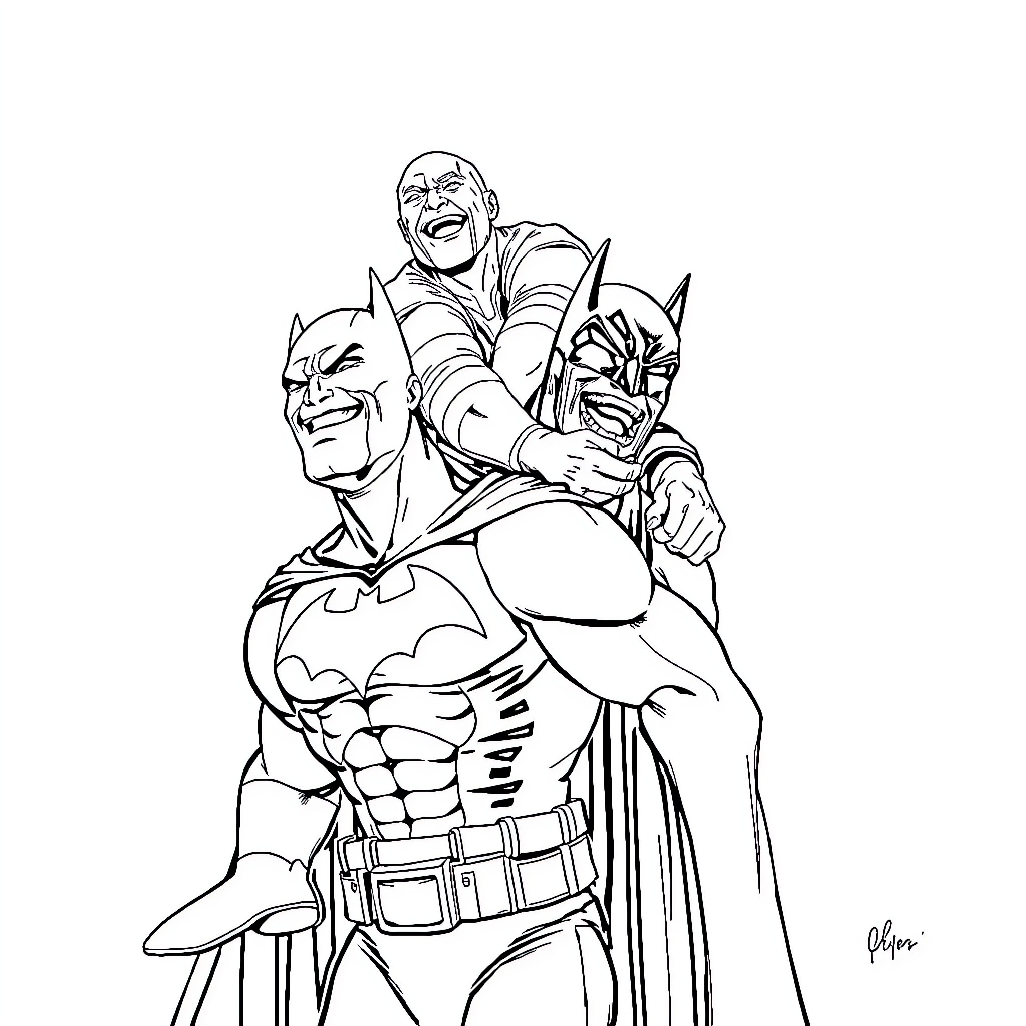 Rock superheroes team up in action Coloring Page (free black-and-white line drawing printable PDF for all, from beginners to advanced learners, including children, teens, adults, and seniors)
