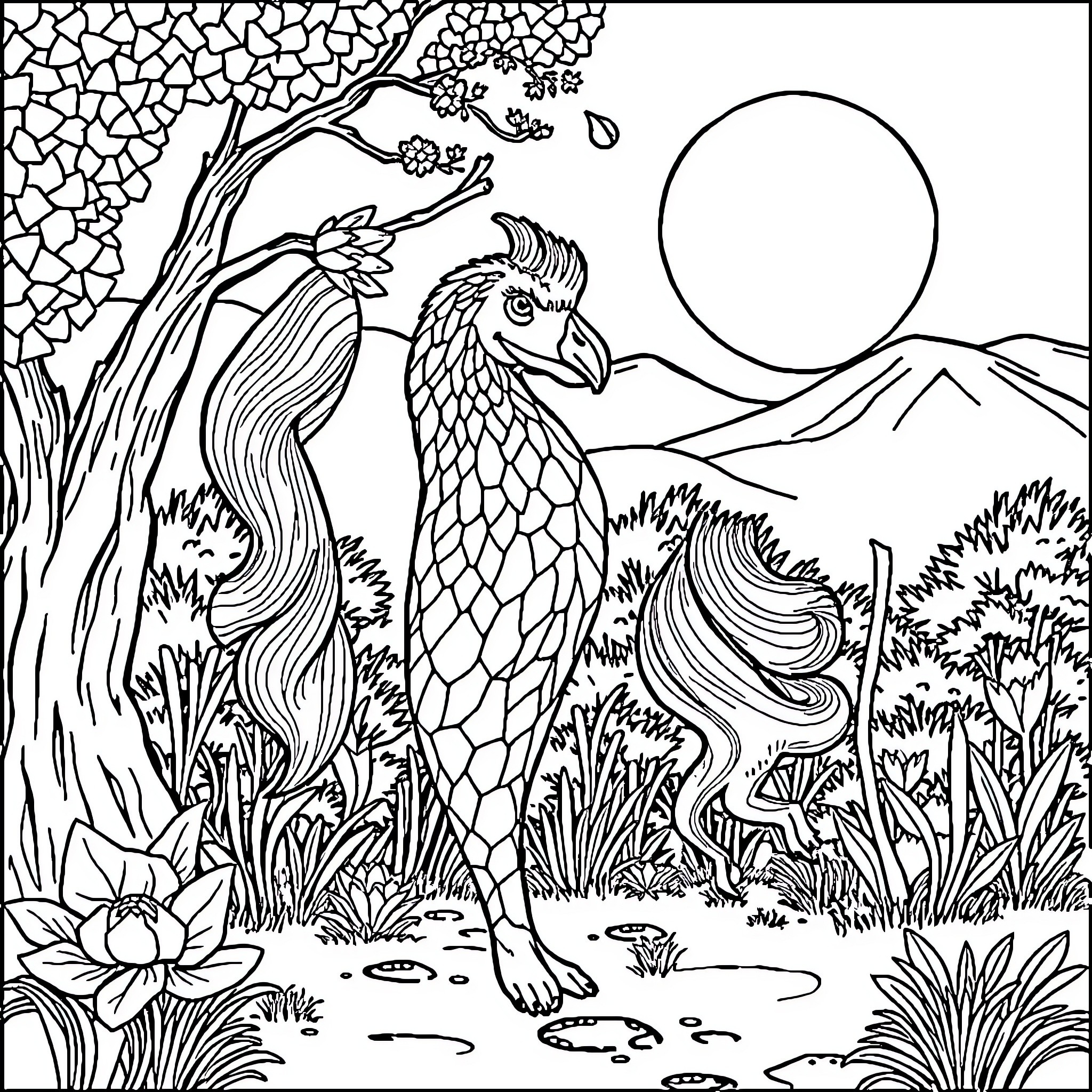 Email with Decorative Rooster in Idyllic Landscape Coloring Page (free black-and-white line drawing printable PDF for all, from beginners to advanced learners, including children, teens, adults, and seniors)
