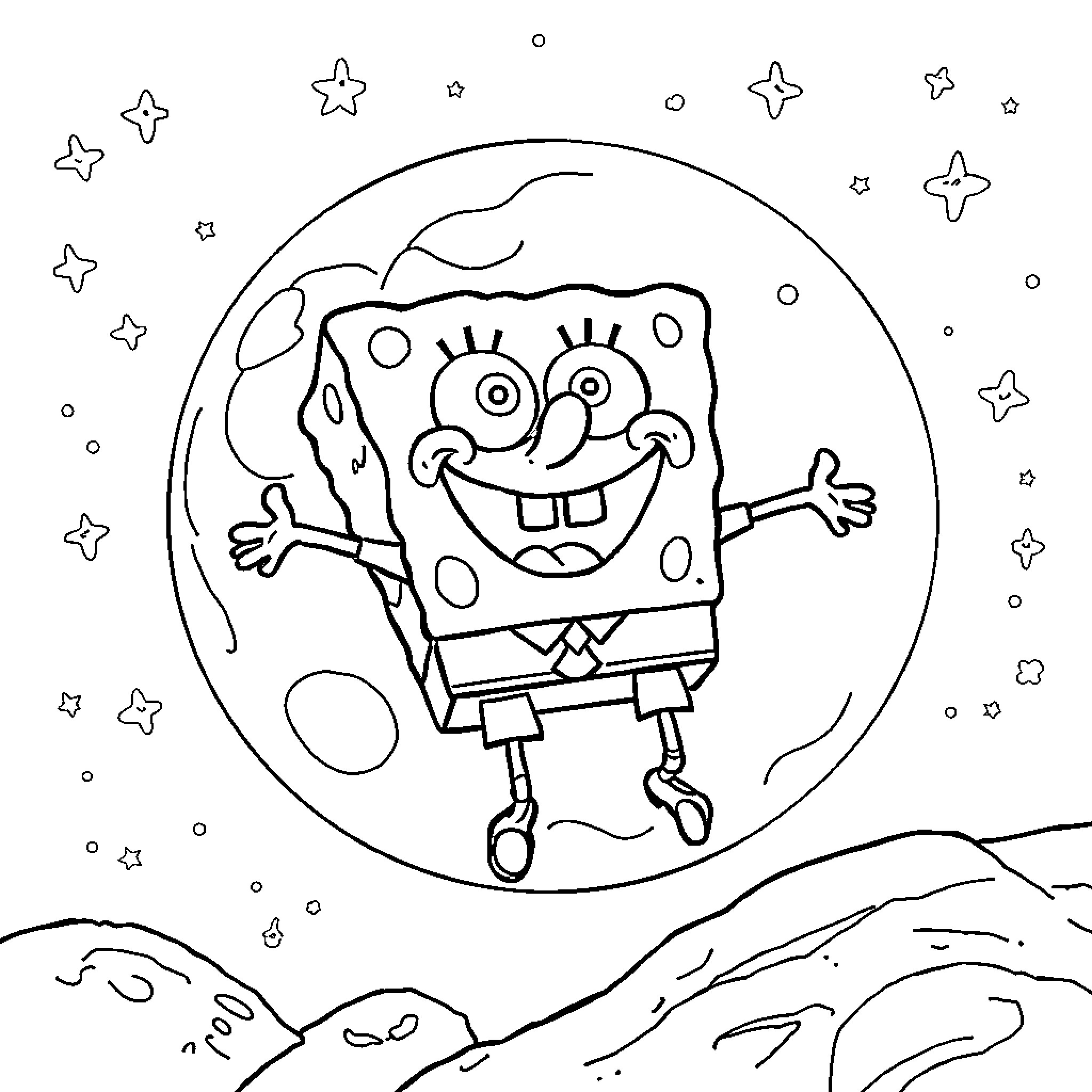 Spongebob floating in the starry night sky Coloring Page (free black-and-white line drawing printable PDF for all, from beginners to advanced learners, including children, teens, adults, and seniors)
