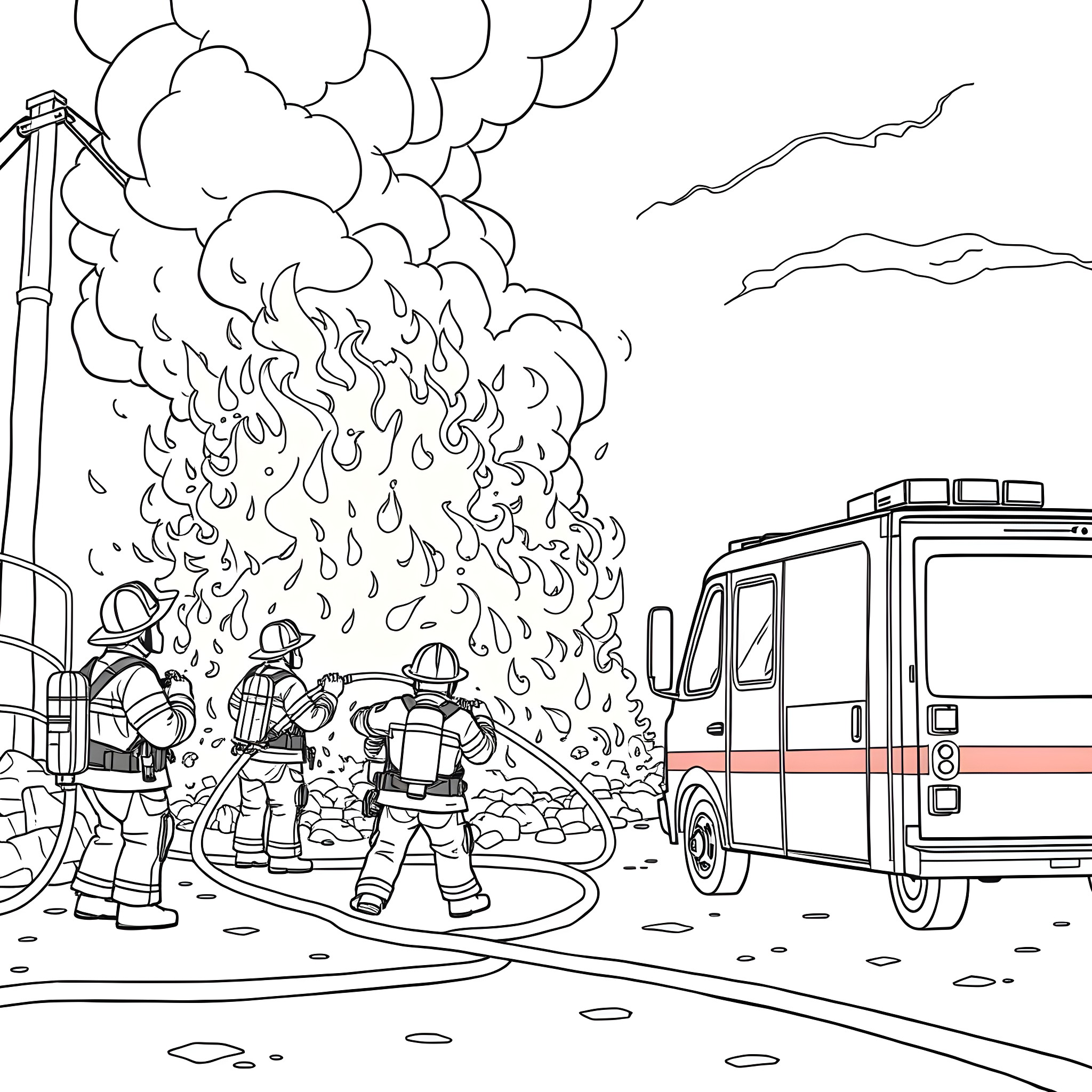 Firefighters battling a raging fire with their equipment Coloring Page (free black-and-white line drawing printable PDF for all, from beginners to advanced learners, including children, teens, adults, and seniors)