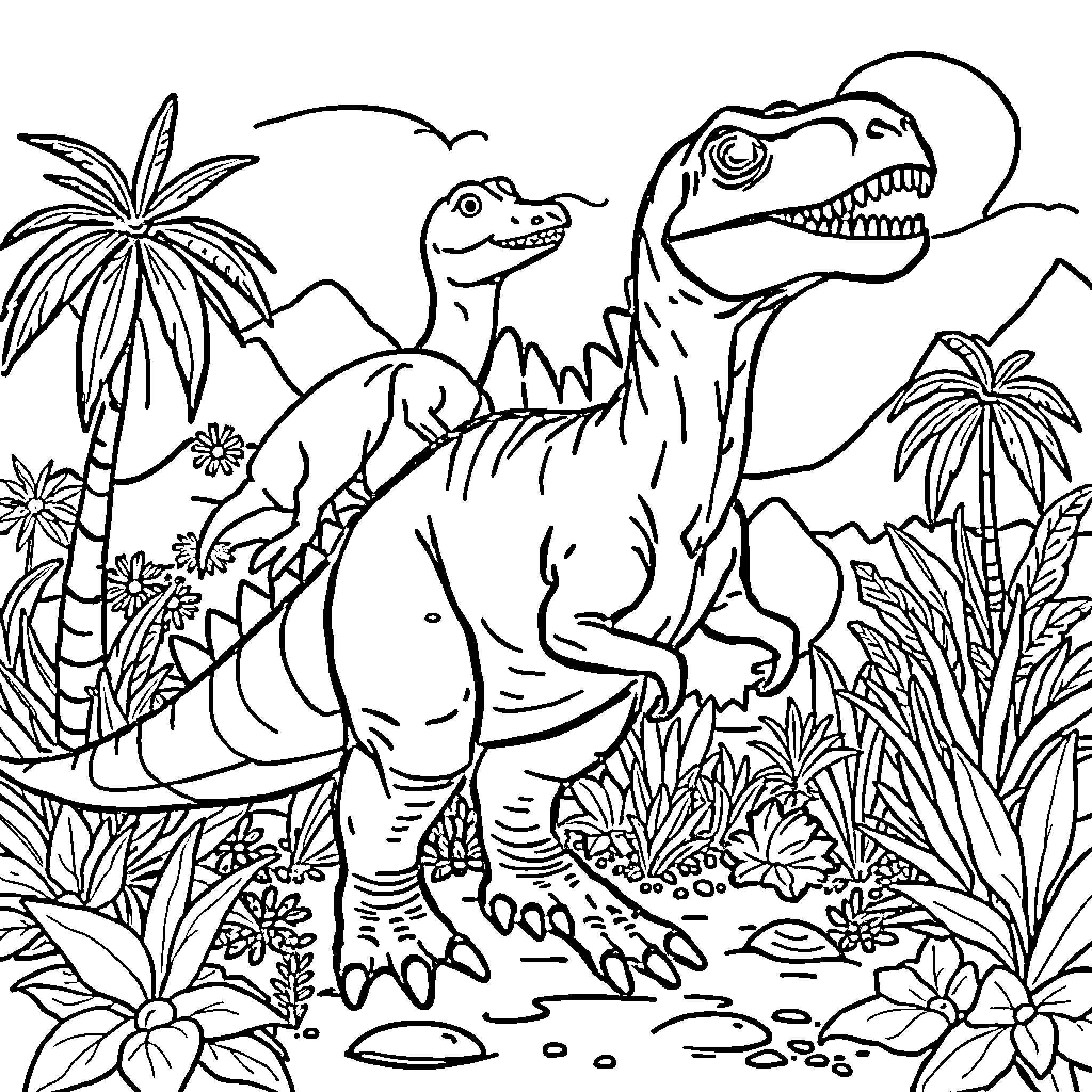 Dinosaurs roaming in lush prehistoric landscape Coloring Page (free black-and-white line drawing printable PDF for all, from beginners to advanced learners, including children, teens, adults, and seniors)